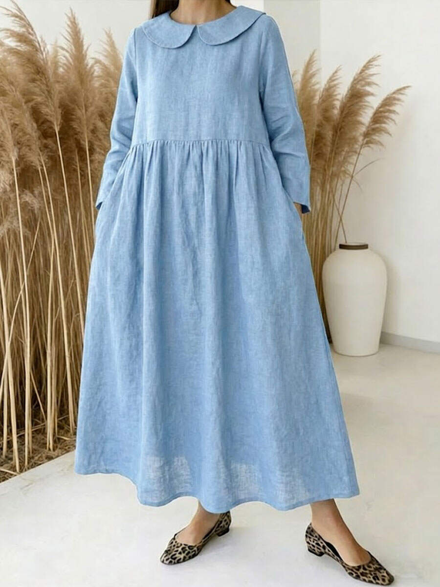 🔥Summer Arrivals🌟Women's solid color Peter Pan collar long-sleeved casual loose cotton and linen dress