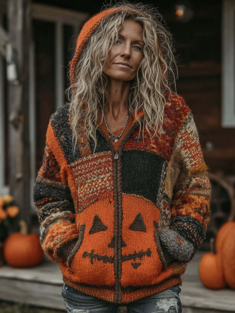 Halloween Pumpkin Face Patchwork Art  Cozy Knit Hooded Cardigan