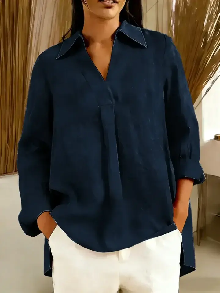 🔥Summer Arrivals🌟Women's Solid Color V-neck Long-sleeved Casual Loose Cotton And Linen Top