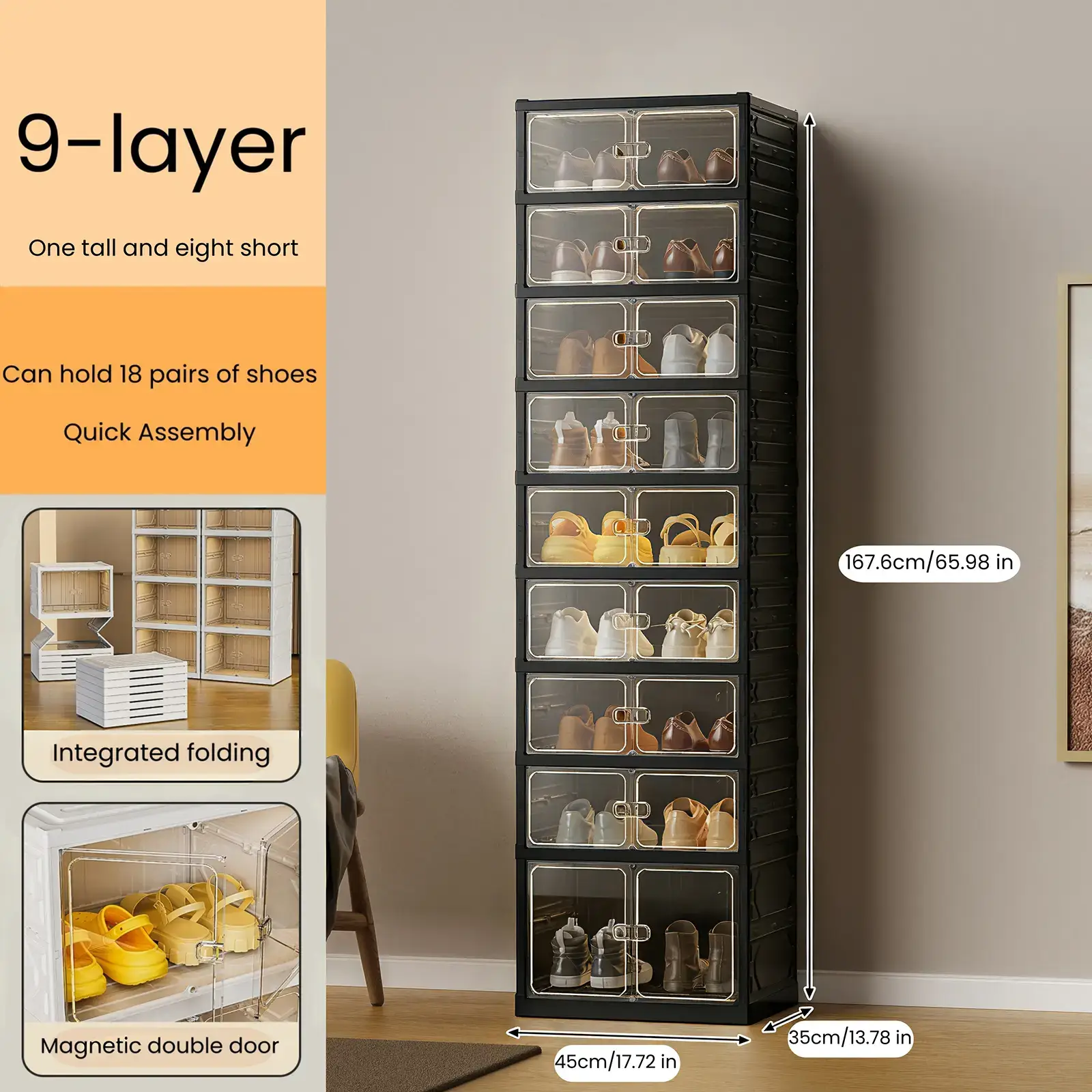 UFORU folding shoe rack, magnetic transparent door shoe cabinet, 9 layers, can store 18 pairs of shoes, simple design, large capacity, sturdy and stackable plastic shoe cabinet, space-saving, no installation required, convenient and practical.