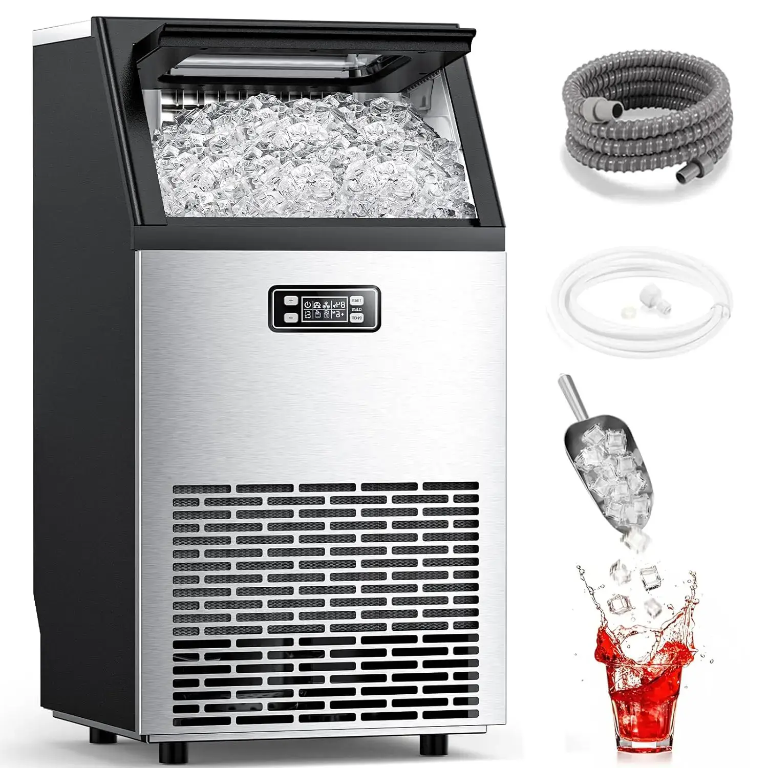 Commercial Ice Maker  V2.0, 100 lbs, 2-Way Add Water, Large Ice Maker Self Cleaning, Ice Machine with 24 Hour Timer,33 lbs Basket, Stainless Steel Ice Makers for School, Home, Bar, RV