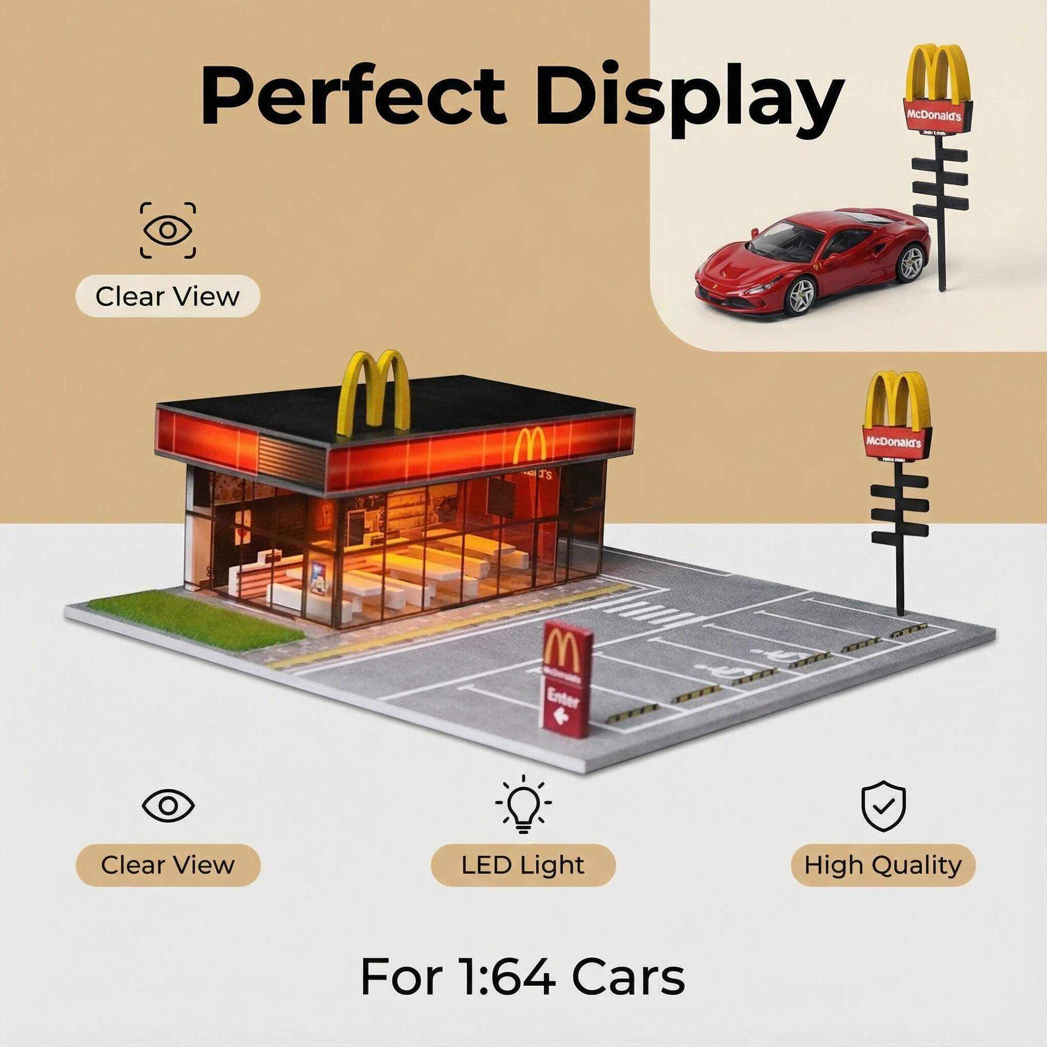 1:64 Scale Fast Food Restaurant Diorama Display Case – Street Scene Acrylic Showcase for Diecast Cars