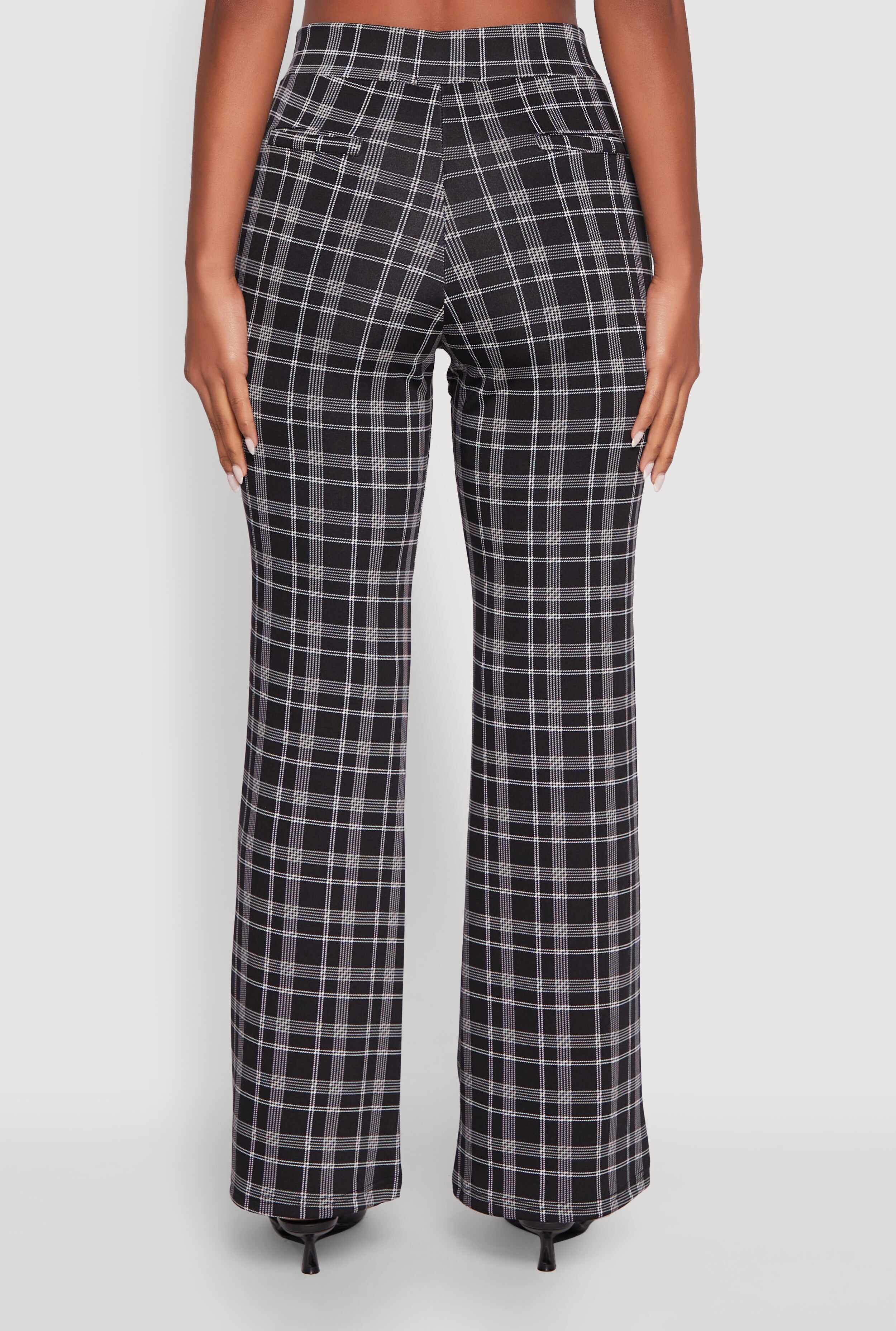 Plaid Belted Front Stretch Flare Pants