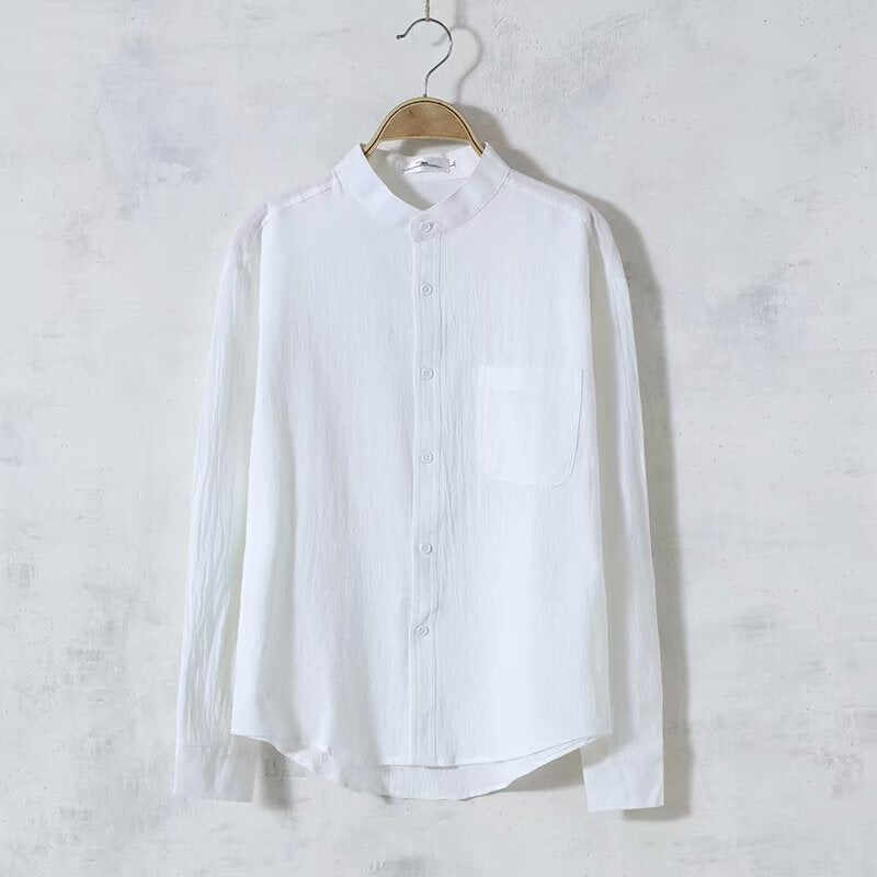 Solid Color Men's Long Sleeve Round Neck Casual Loose Linen Shirt