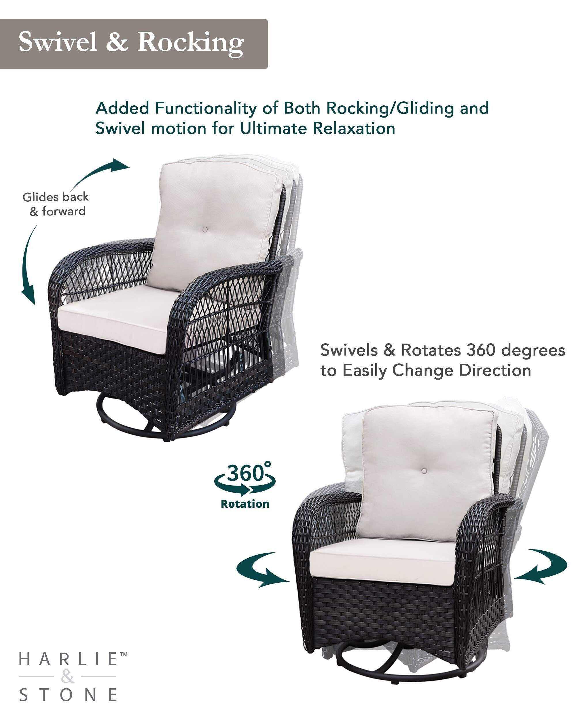 Swivel Rocker Patio Chairs Set of 2 and Matching Side Table - 3 Piece Wicker Patio Bistro Set with Premium Fabric Cushions Furniture (Dark Wicker Chair Beige Cushion)