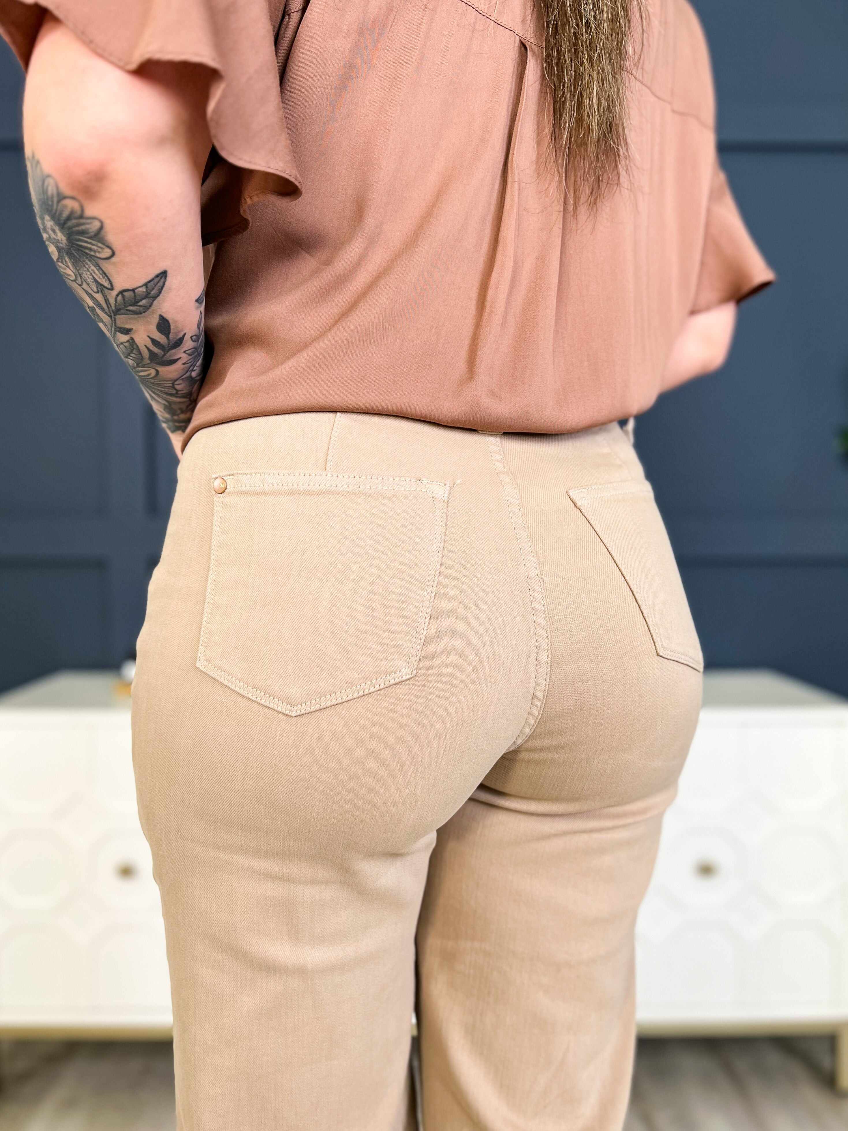 Love You a Latte  Khaki High Rise Garment Dyed Wide Leg Cropped Jeans