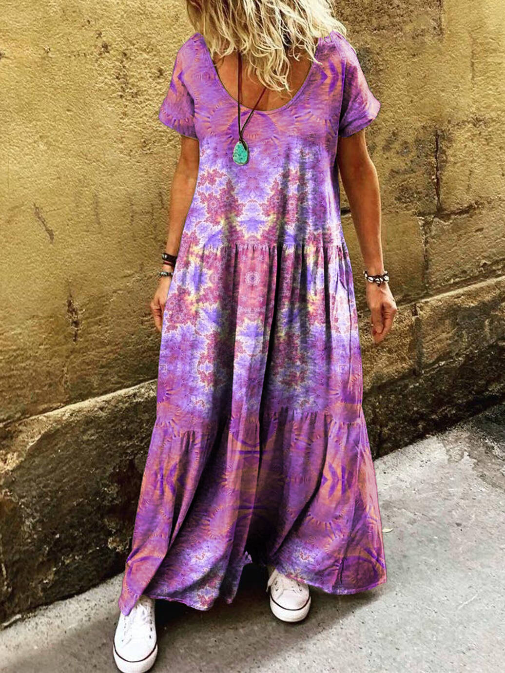 Women's Vintage Datura Floral Art Print Pocket Short Sleeve Cotton Dress