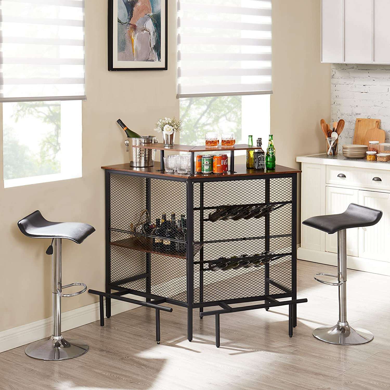 VECELO Bar Unit, 3 Tier Liquor Cabinet with Metal Mesh Front