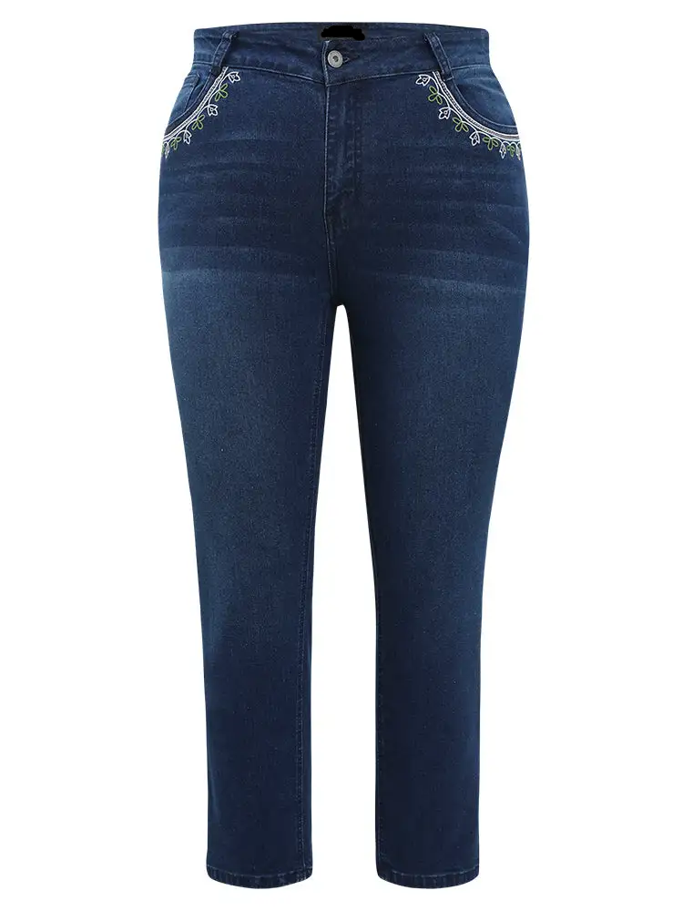 Straight Very Stretchy High Rise Dark Wash Embroidered Trim Jeans
