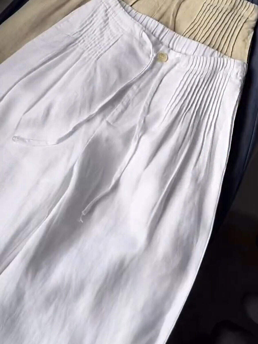🔥Summer Arrivals🌟Women's Solid Color Pleated Drawstring Casual Cotton and Linen Wide Leg Pants