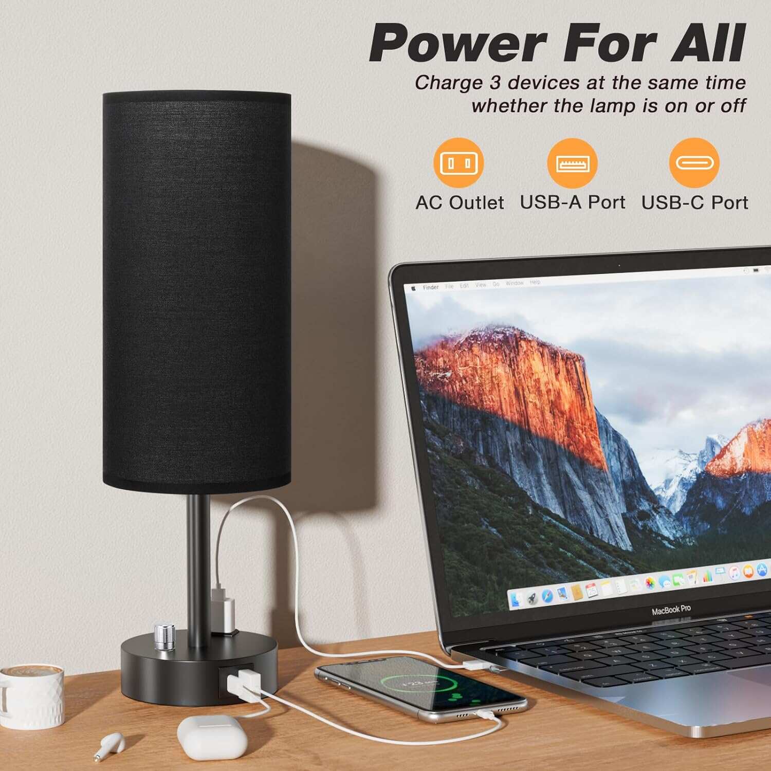 Bedside Table Lamp for Bedroom - 3 Way Dimmable Touch Lamp USB C Charging Ports and AC Outlet, Small Lamp Wood Base Round Flaxen Fabric Shade for Living Room, Desk, LED Bulb Included