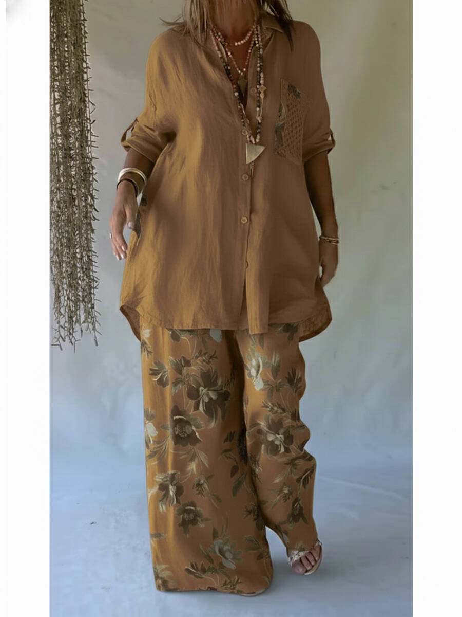 🔥Summer Arrivals🌟Casual Floral Print Linen And Cotton Shirt And Trousers Two-piece Set