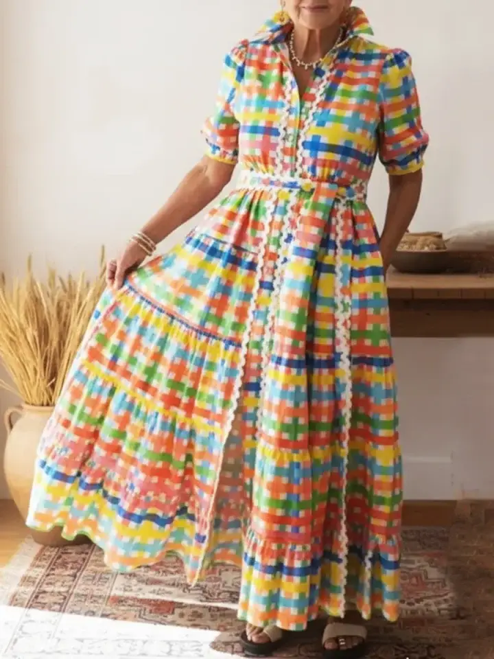 🔥Summer Arrivals🌟Colorful Square Art Print Collared Shirt Dress