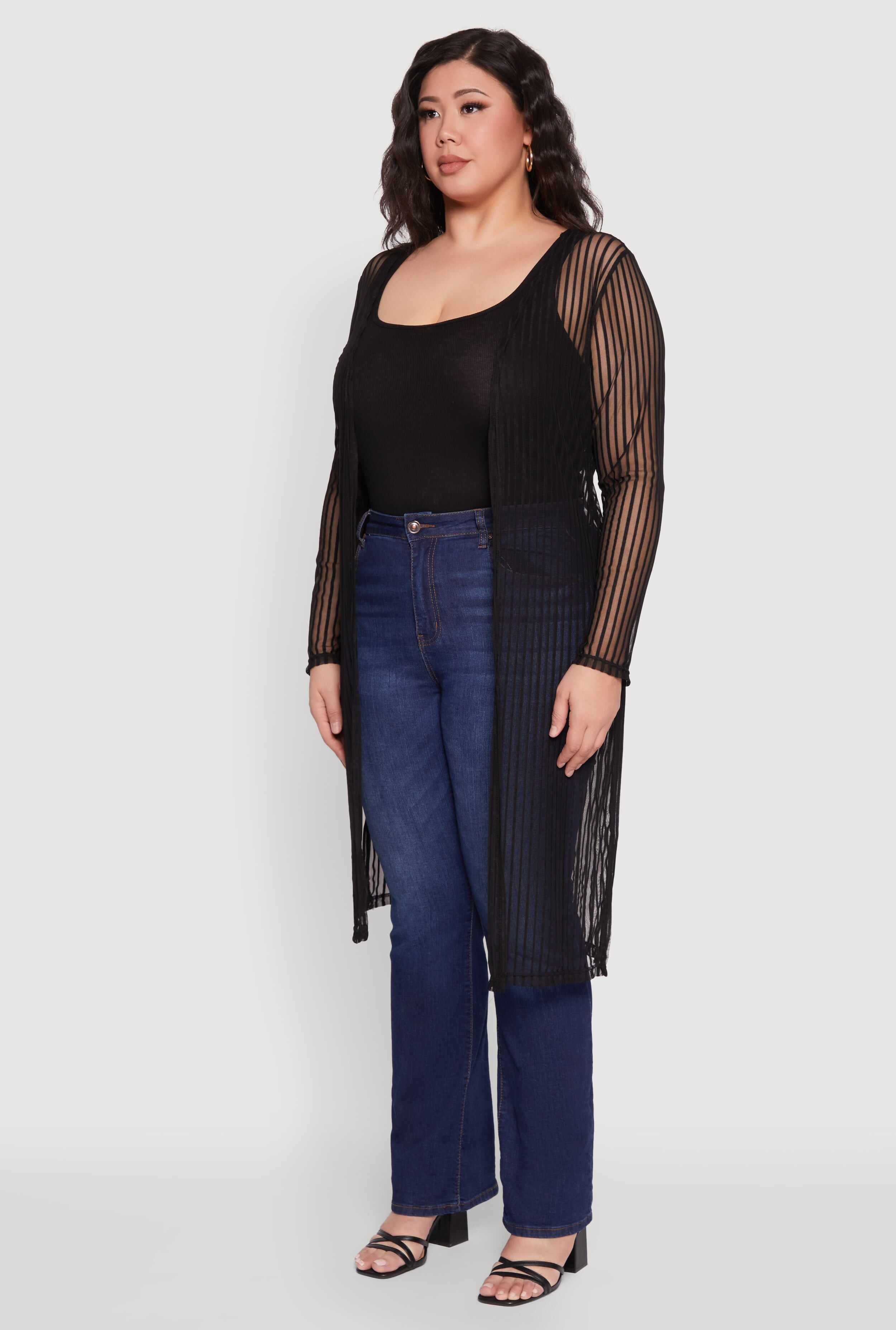 Plus Size Shadow Stripe Mesh Duster