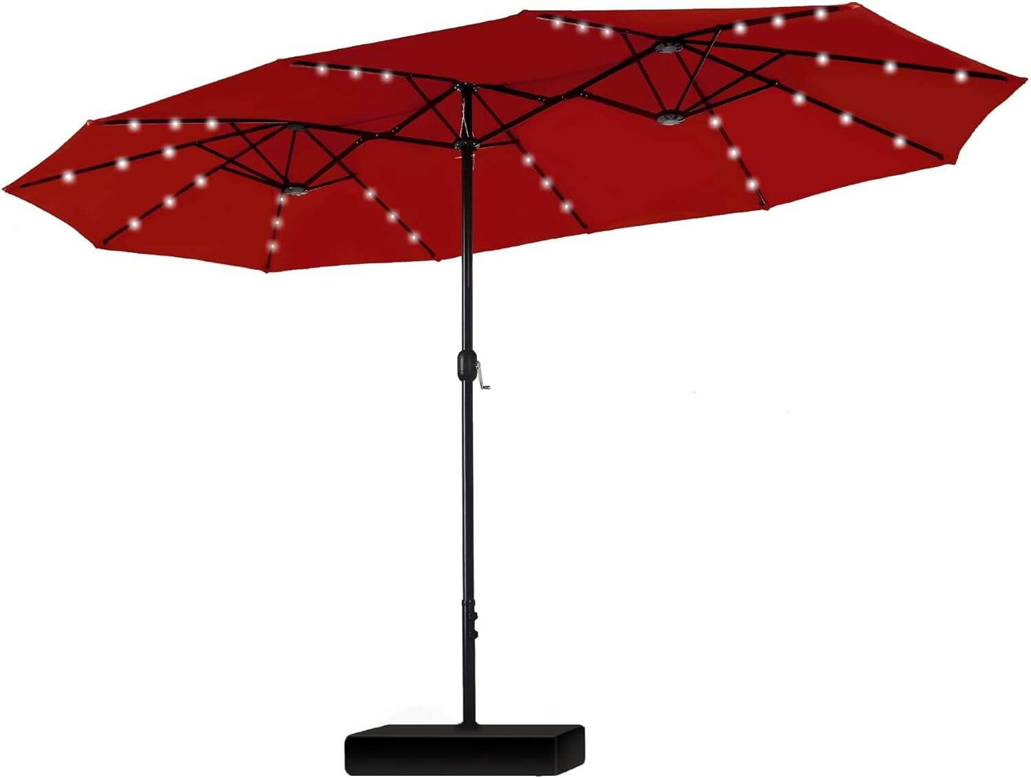 15ft Double-Sided Rectangular Patio Umbrella with Solar LED Lights & Base