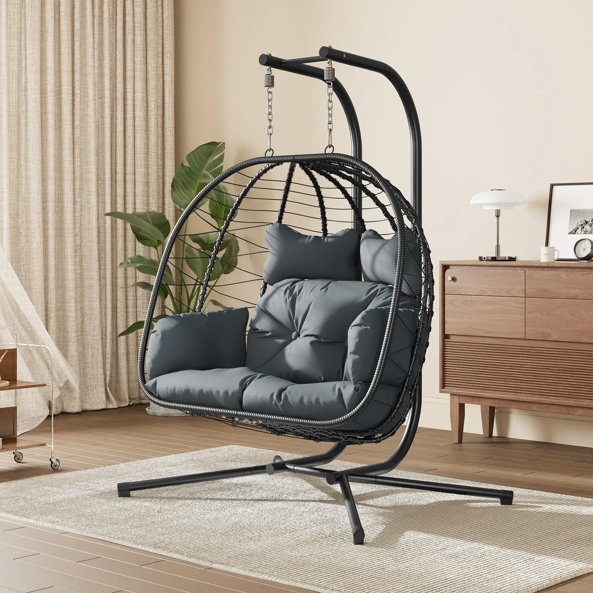 [dealsforyoudays] Double Egg Chair with Stand for Patio, Outdoor Indoor Hanging Swing Chair with Cushions, Wicker Rattan, 700lbs Capacity, Waterproof Sunproof for Balcony Garden Porch, ChristmasGift