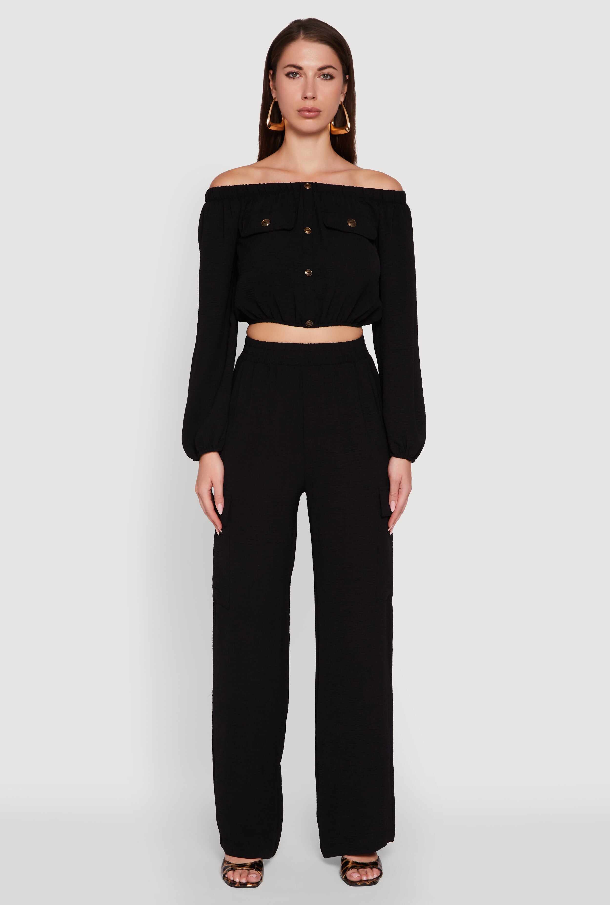 Crepe Knit Bubble Sleeve Off The Shoulder Crop Top