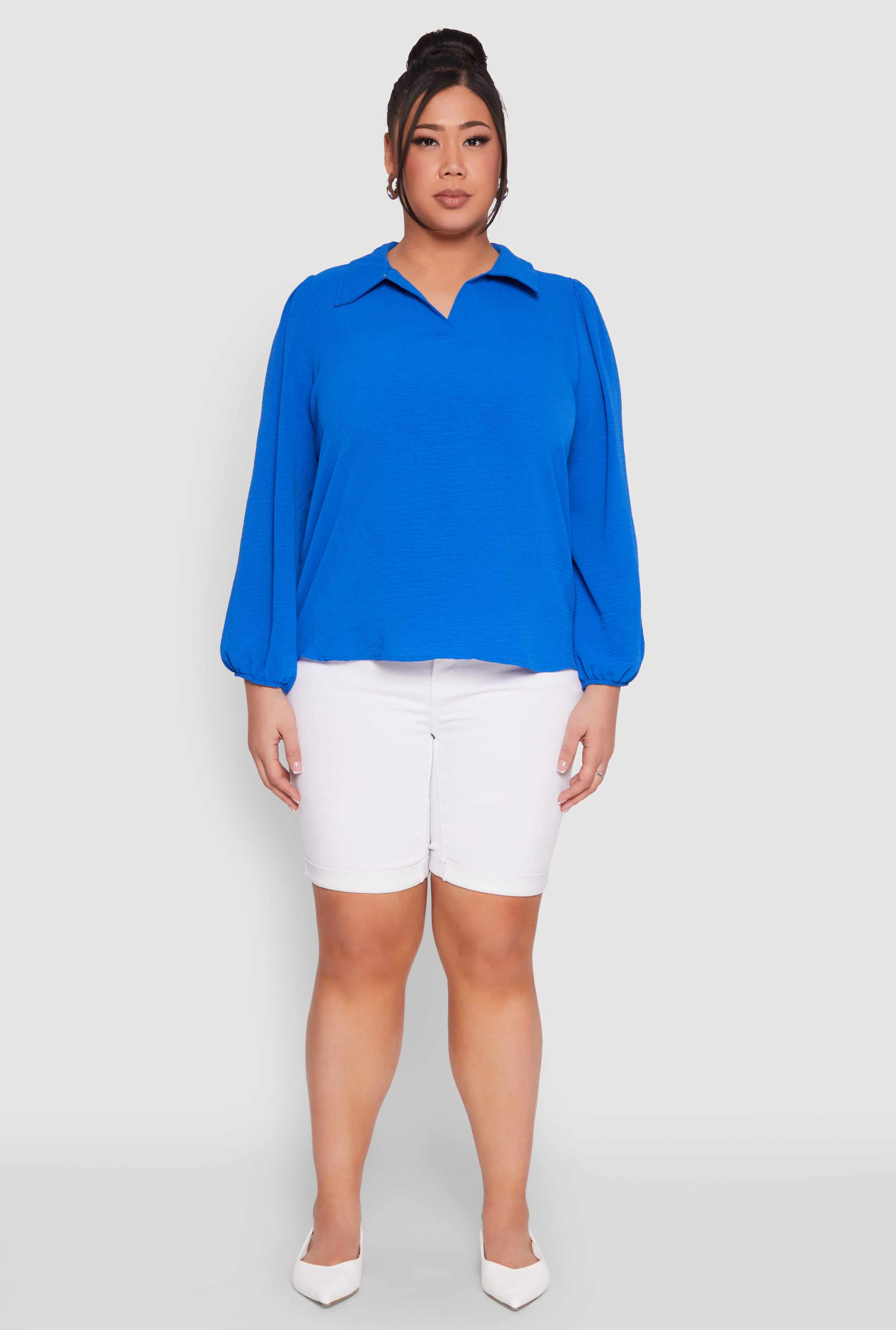 Plus Size Airy Johnny Collar Long Sleeve Top