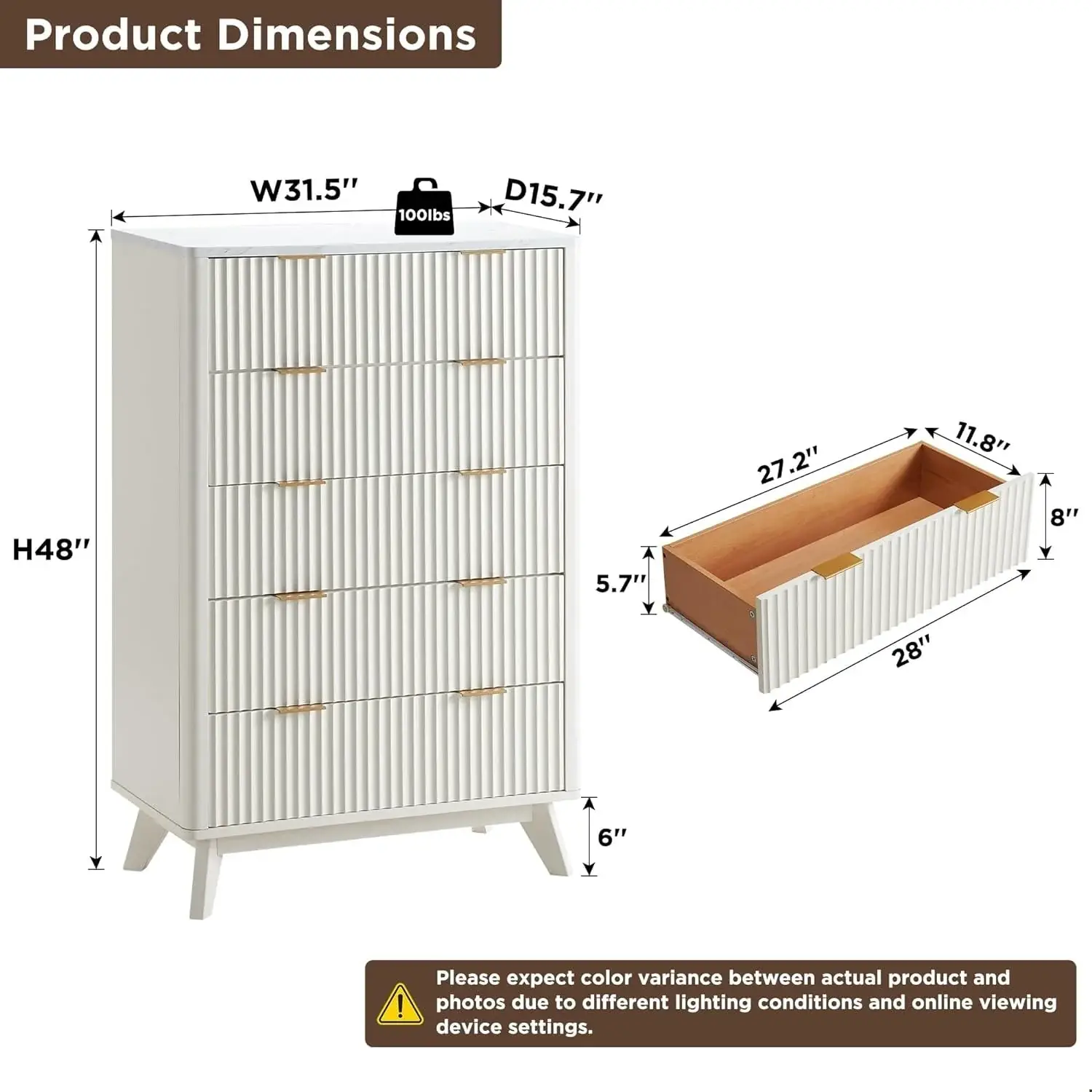 Modern Fluted 5 Drawers Dresser, Chest of Drawers, Dresser TV Stand