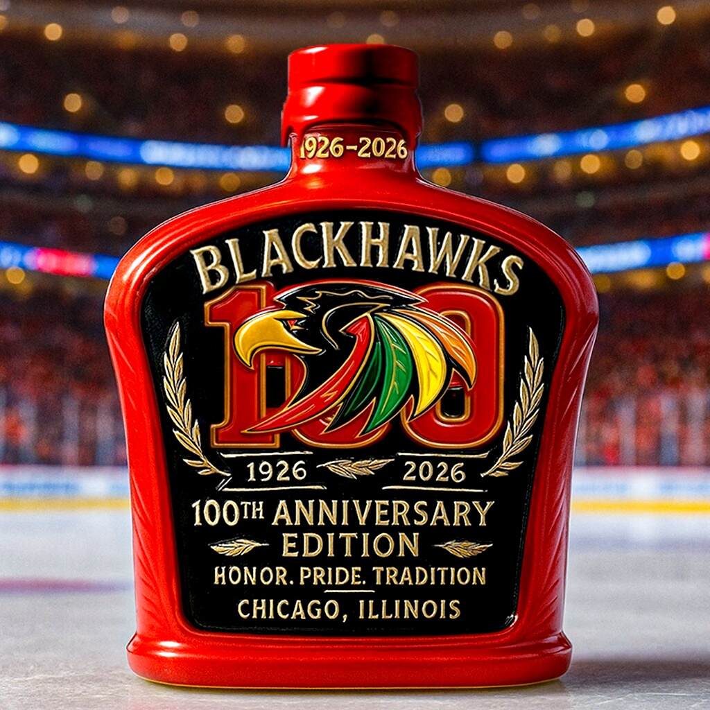 Blackhawks 100th Anniversary Whiskey Bottle