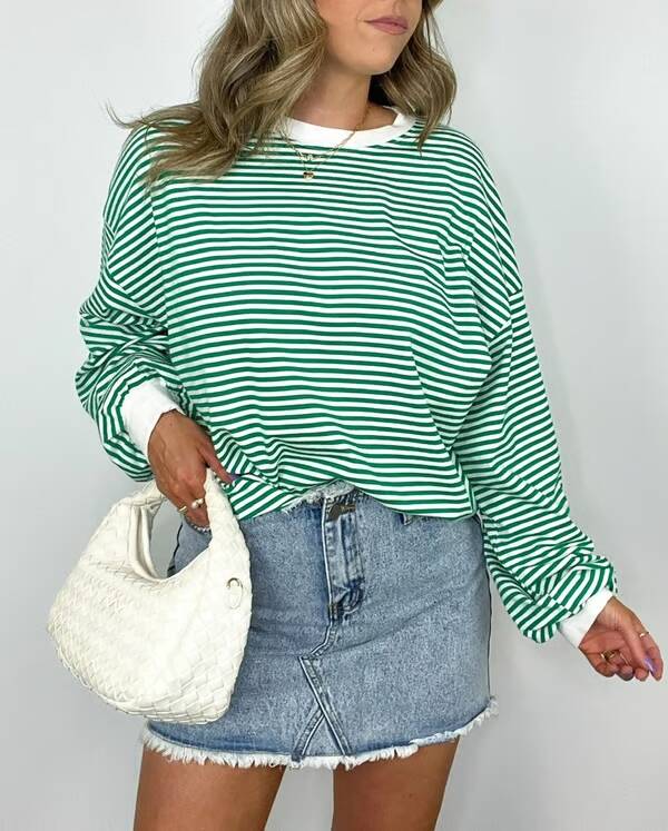 🔥Summer Arrivals🌟🌈Women's Casual Striped Crewneck Oversized Pullover