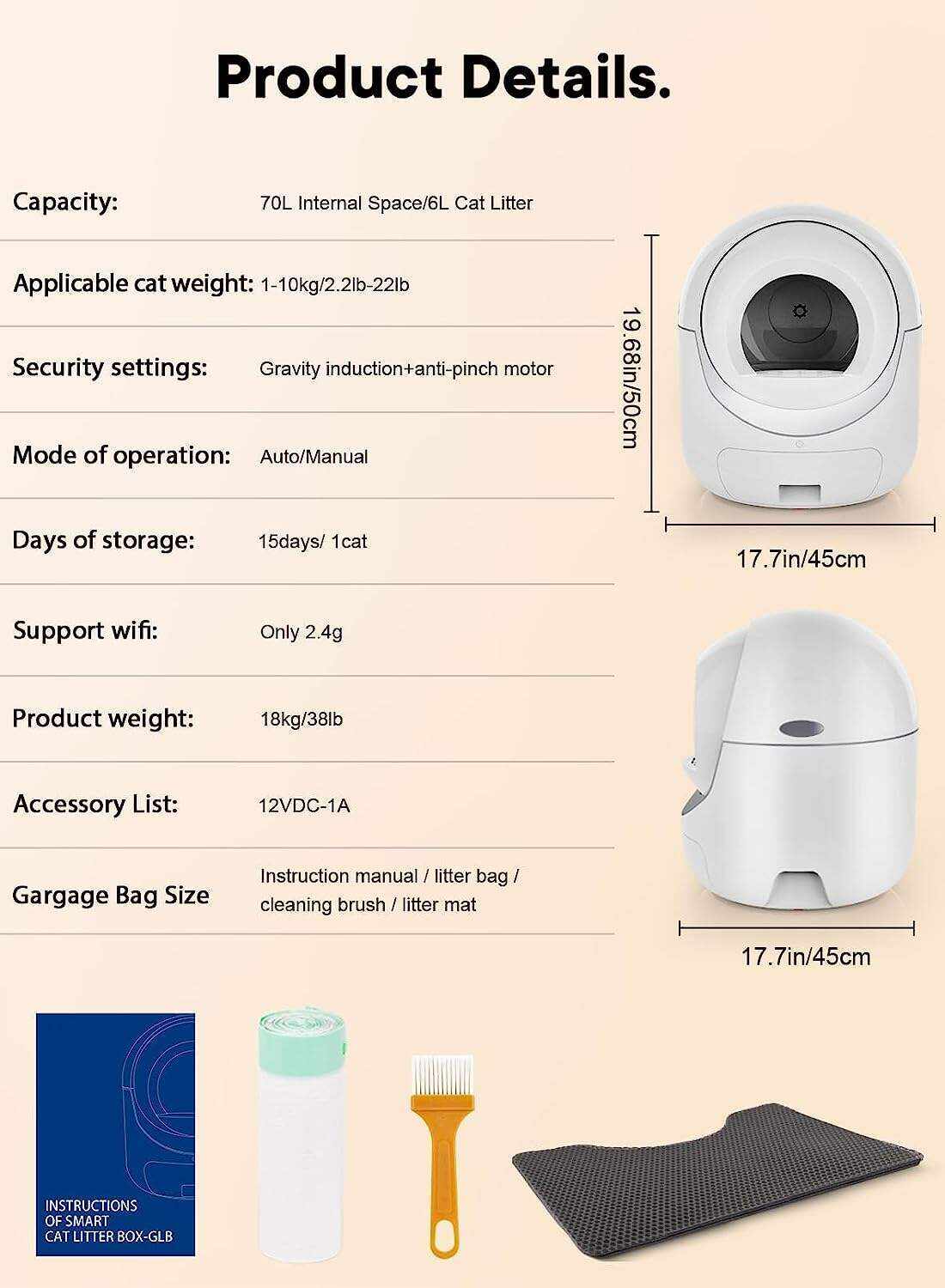 Self Cleaning Cat Litter Box - Anti-Pinch/Odor-Removal Design Automatic Cat Litter Box, Extra Large for Multiple Cats, All Litter Can Use, Easy Clean, with Garbage Bags/Mats, Smart App Control
