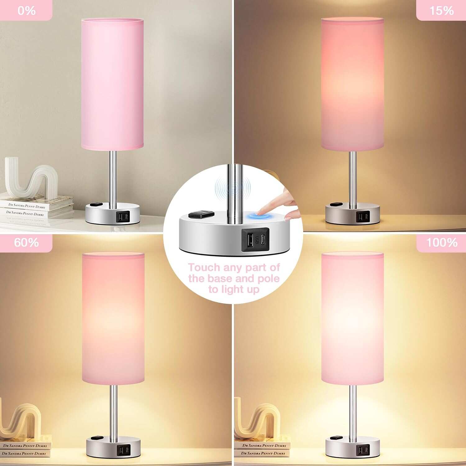 Bedside Table Lamp for Bedroom - 3 Way Dimmable Touch Lamp USB C Charging Ports and AC Outlet, Small Lamp Wood Base Round Flaxen Fabric Shade for Living Room, Desk, LED Bulb Included