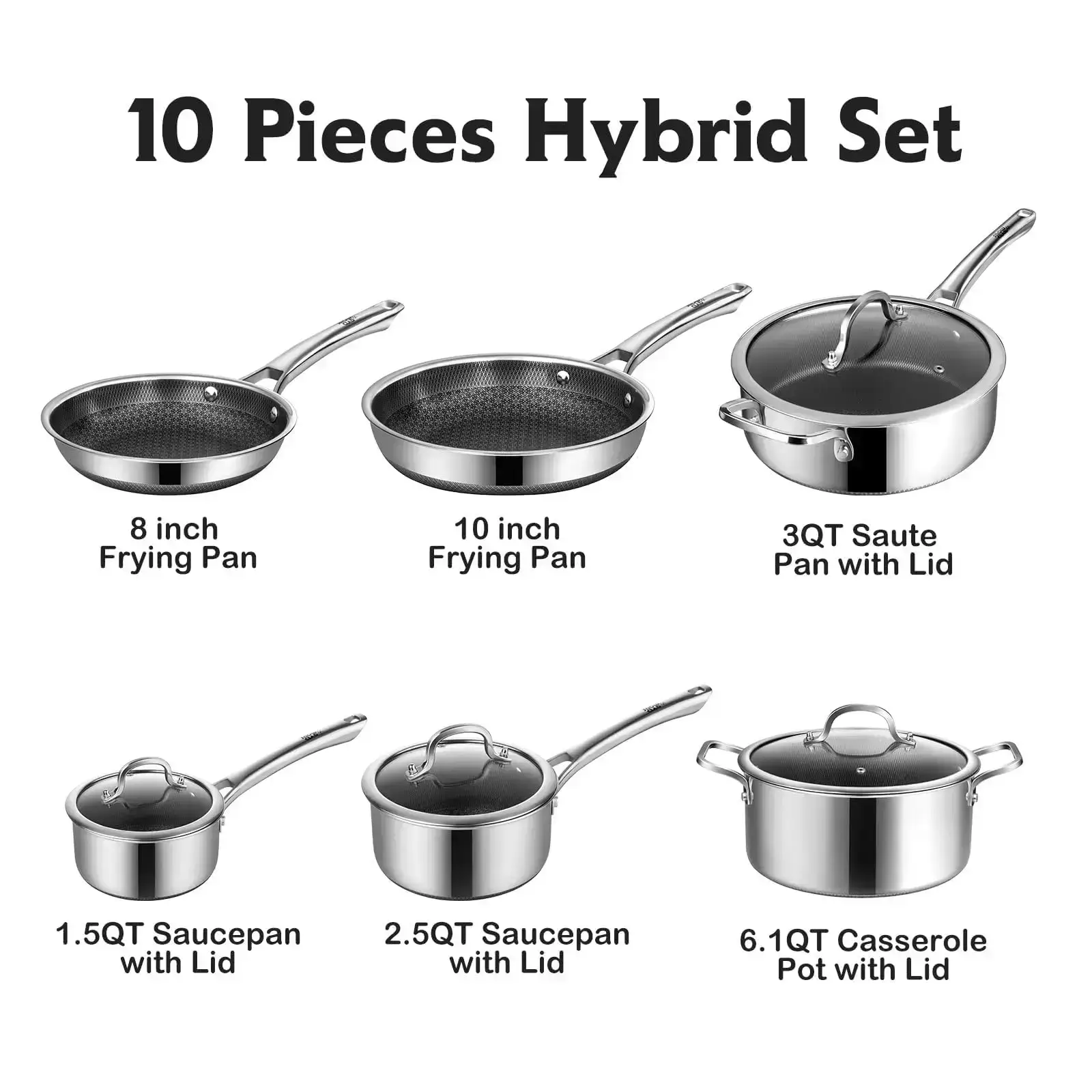 10-Pcs / 14-Pcs Hybrid Cookware Set – Nonstick Stainless Steel Pots and Pans Set, Induction Ready Frying Pans, Saucepans, Saute Pan & Stock Pot, PFOA Free