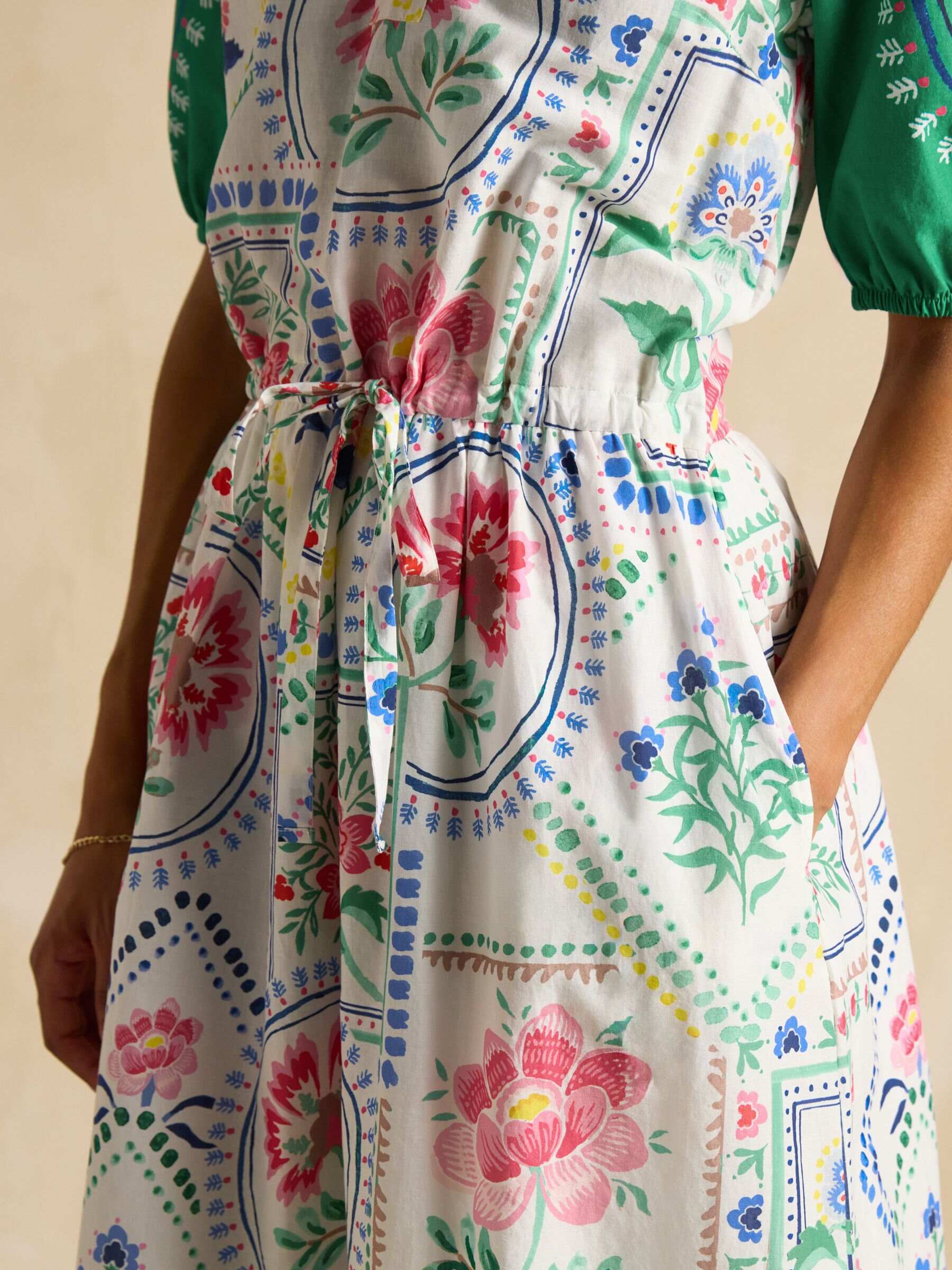 Florence Cream Tile Print Cotton Midi Dress