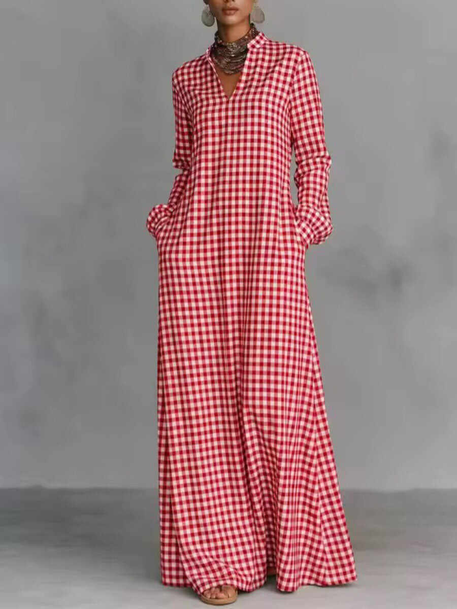 🔥Summer Arrivals🌟Women's Plaid Print V-neck Long-sleeved Casual Loose Cotton And Linen Dress