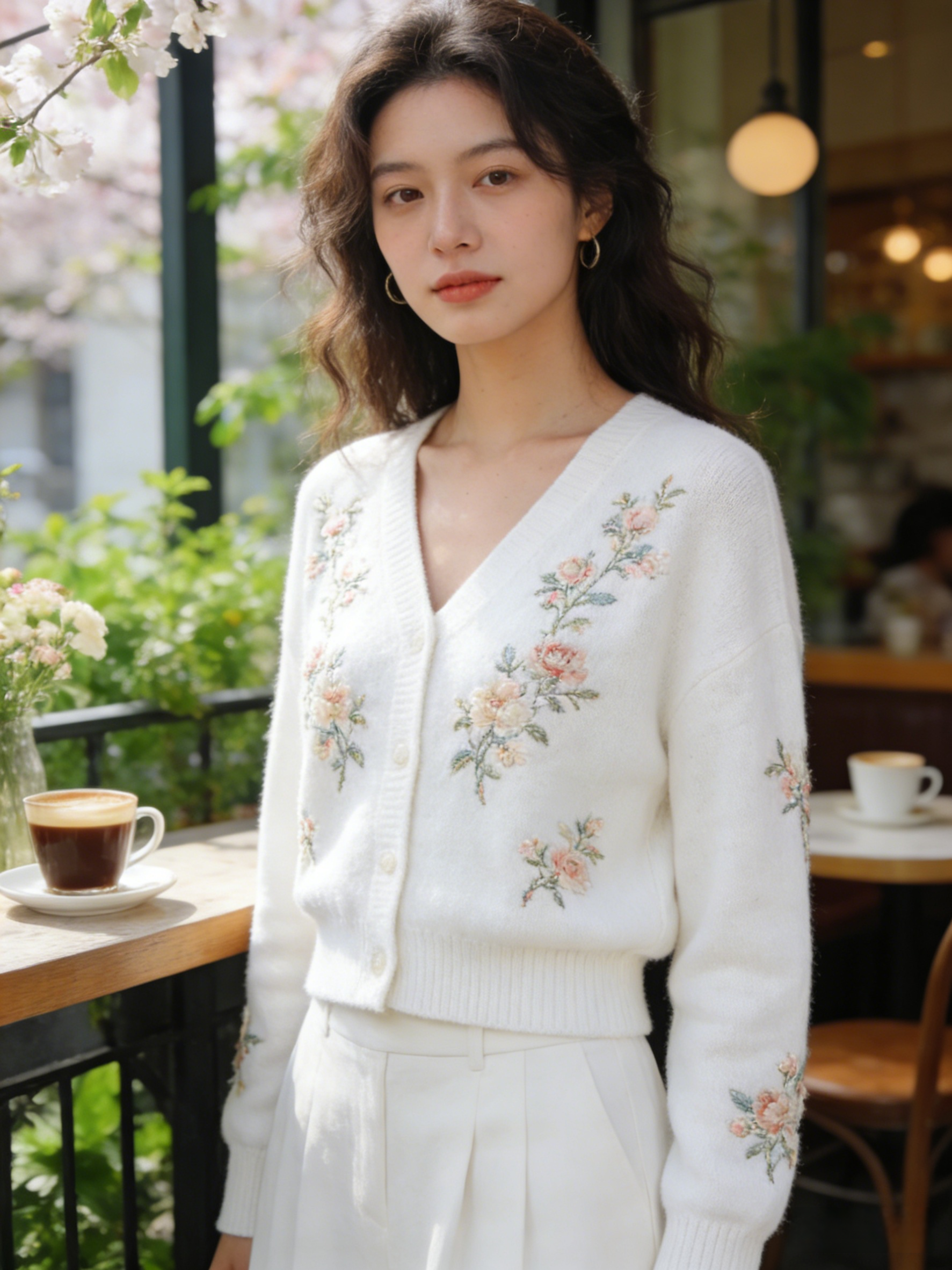 White Floral Embroidery Short Cashmere Knit Cardigan V Neck Spring
