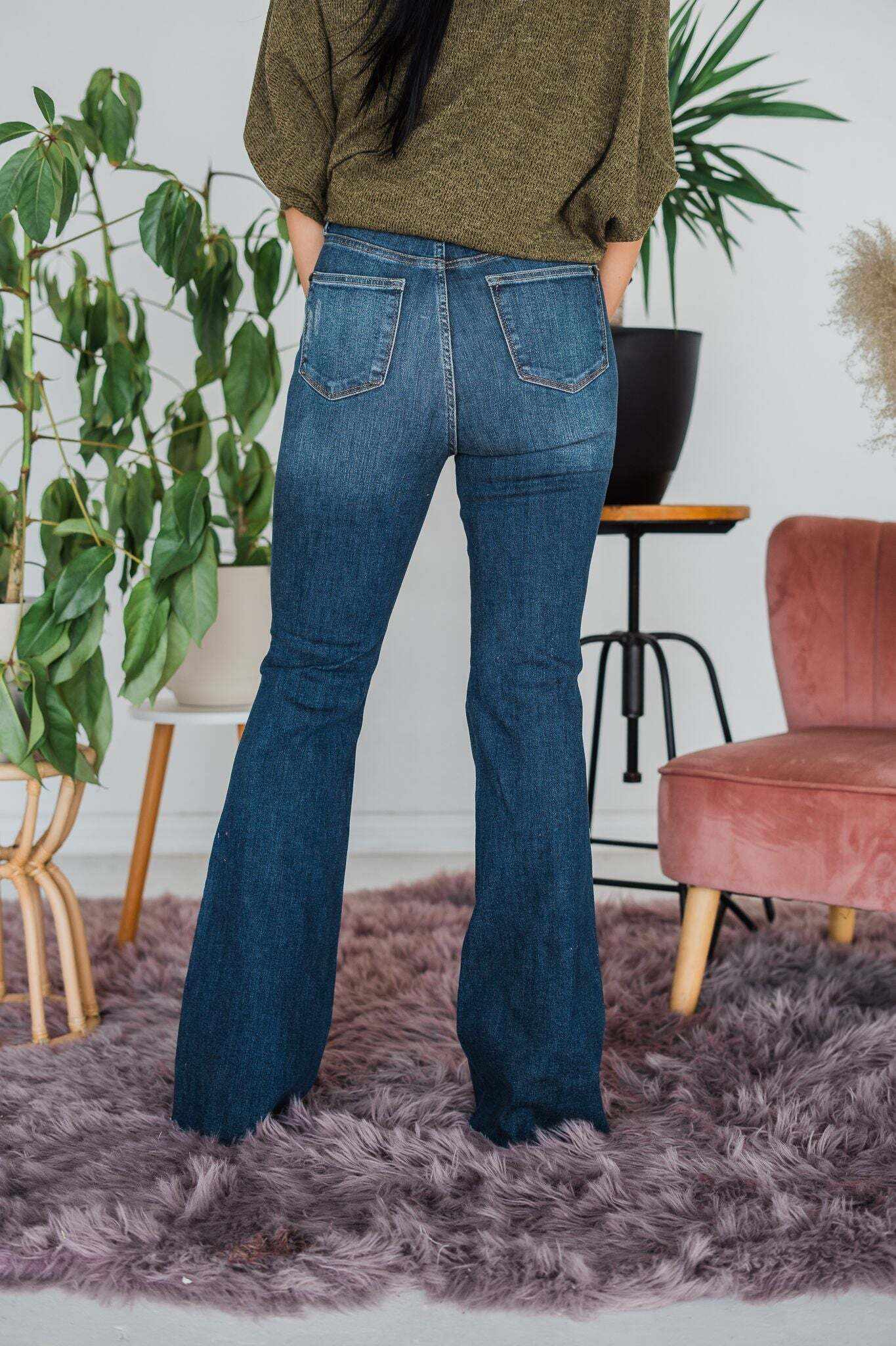 Full Of Flare - Christmas Tummy Control Knee Destroy Raw Hem Flare Jeans- Final Sale