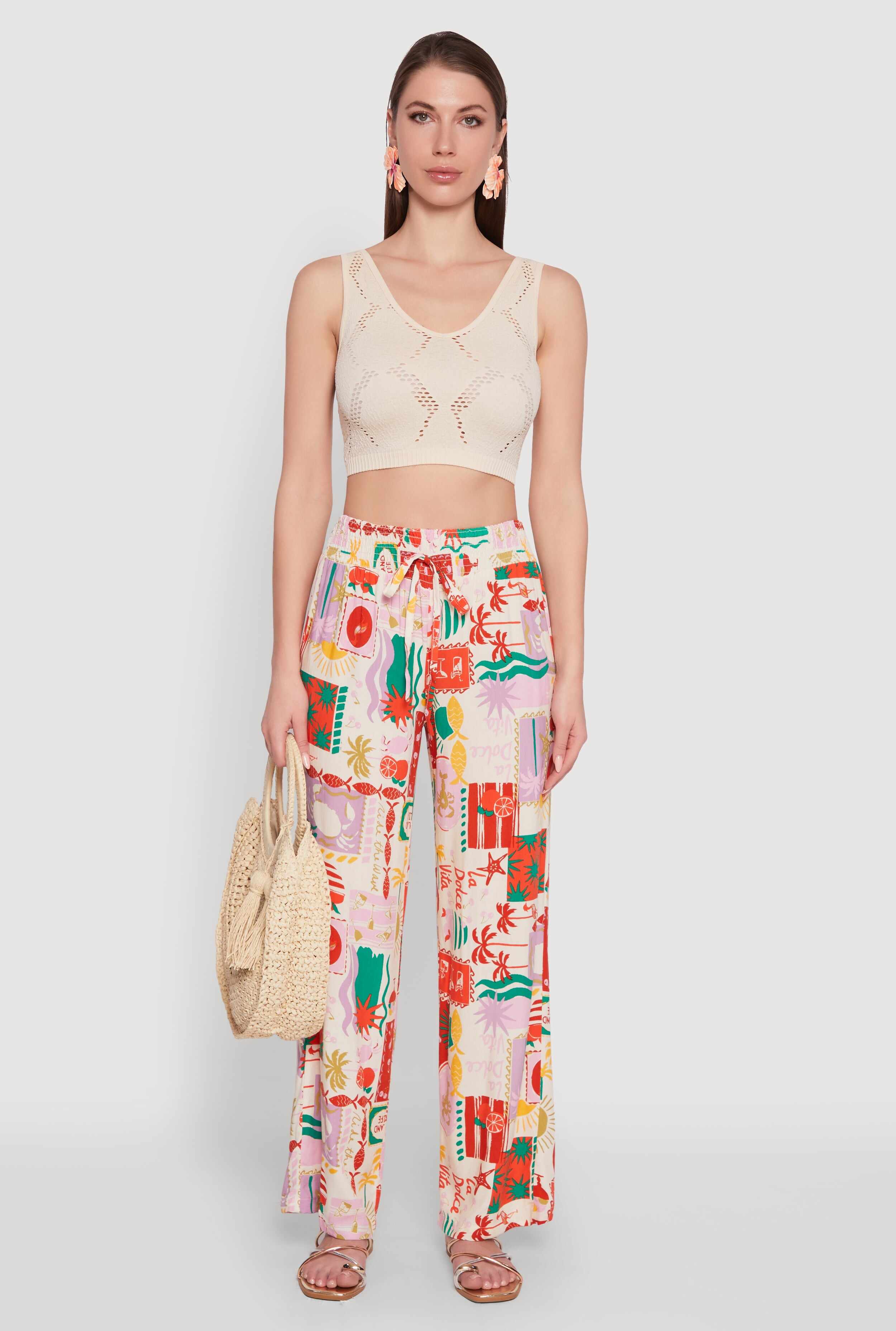 Patterned Faux Drawstring Smocked Waist Palazzo Pants