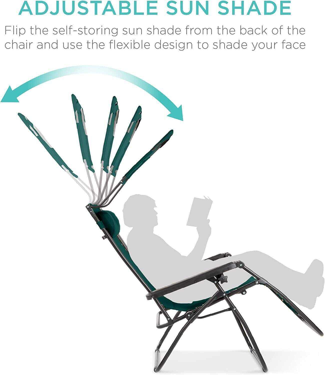 Folding Zero Gravity Recliner Patio Lounge Chair w/Adjustable Canopy Shade, Headrest, Side Accessory Tray, Textilene Mesh - Beige