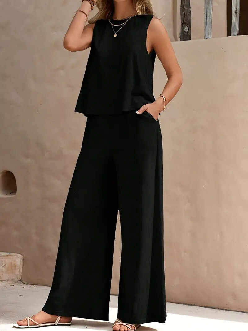 🔥Summer Arrivals🌟Women's Casual Crew Neck Top And Wide-leg Pants Set