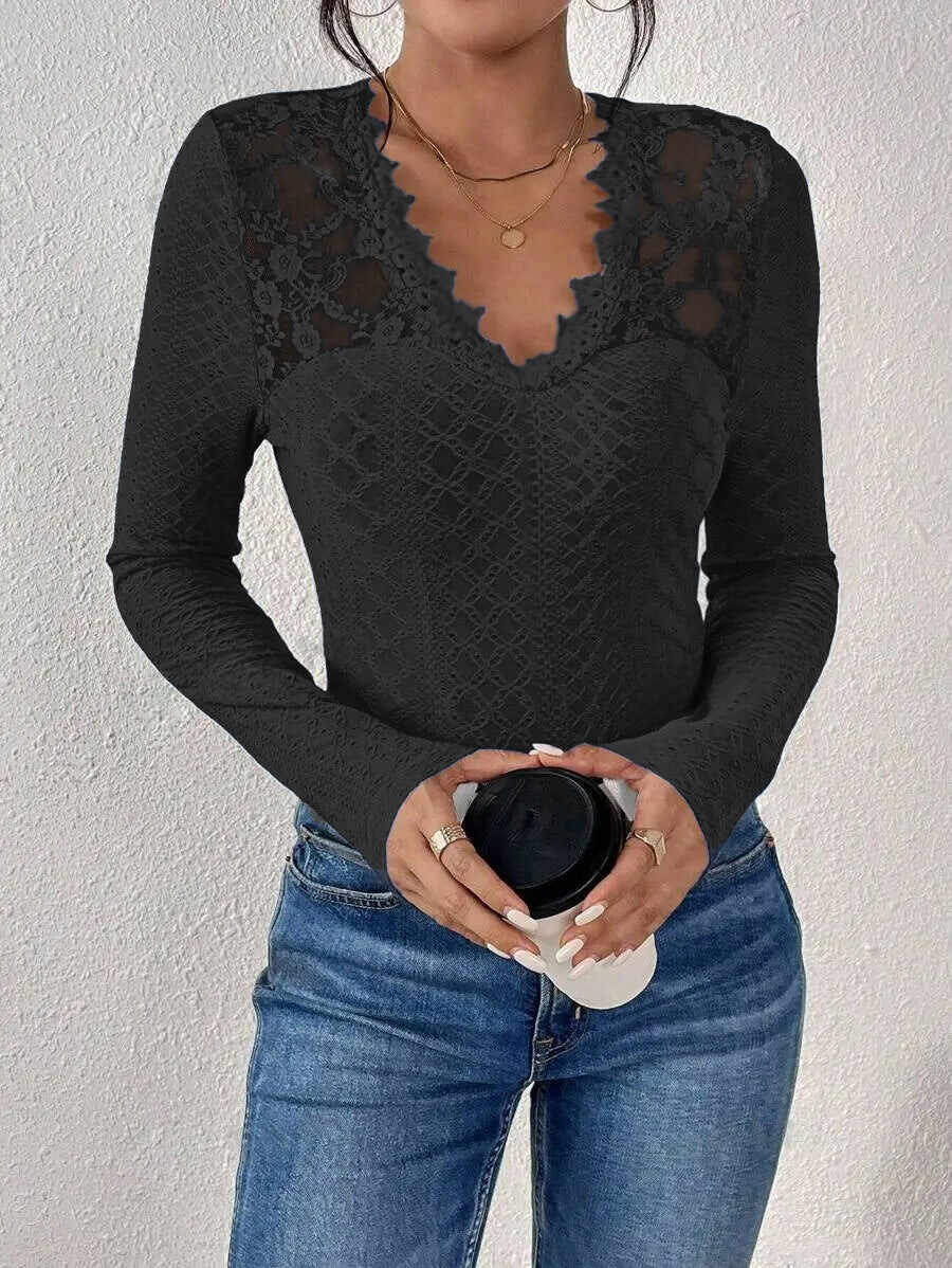 V-Neck Lace Panel Long-Sleeved Top