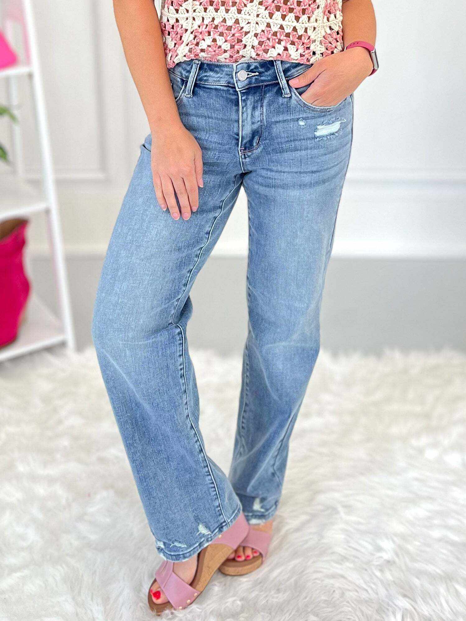 On Edge - Christmas Straight Jeans with Rose Gold Stitching- Final Sale