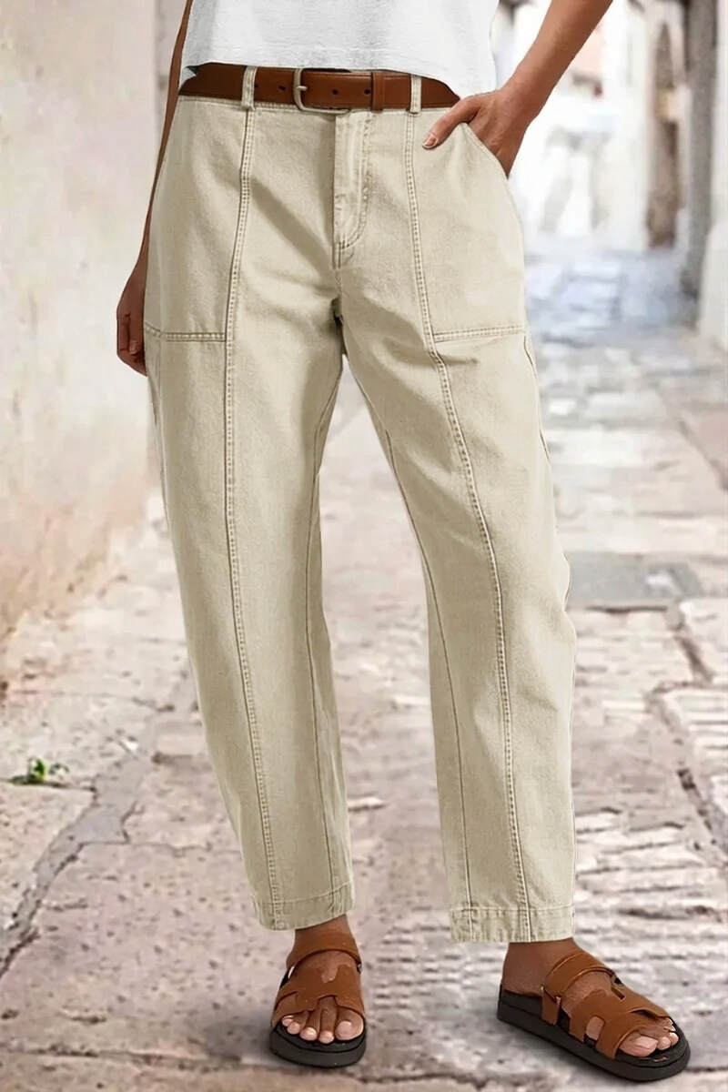 🔥 Last Day For Clearance！ !10 packs only $32!Solid Stitch Detail Mid Waist Barrel Leg Pants Without Belt