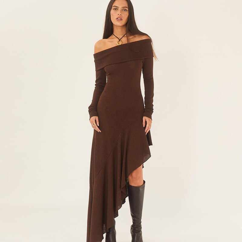 Temperament Off Shoulder Long Sleeve Irregular Hem Stretch Maxi Dress