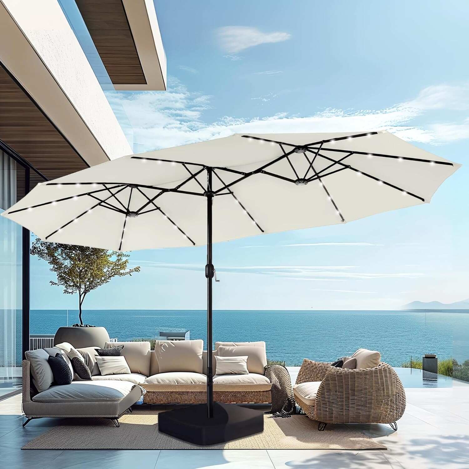 15ft Double-Sided Rectangular Patio Umbrella with Solar LED Lights & Base