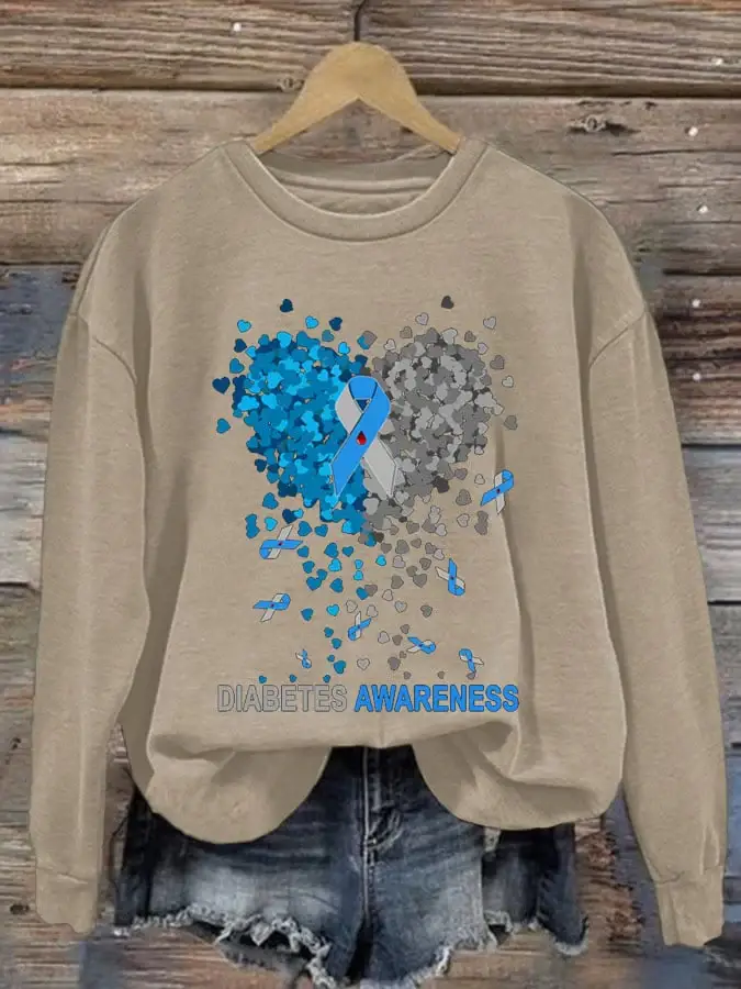 Women's Casual Diabetes Awareness Print Long Sleeve Sweatshirt
