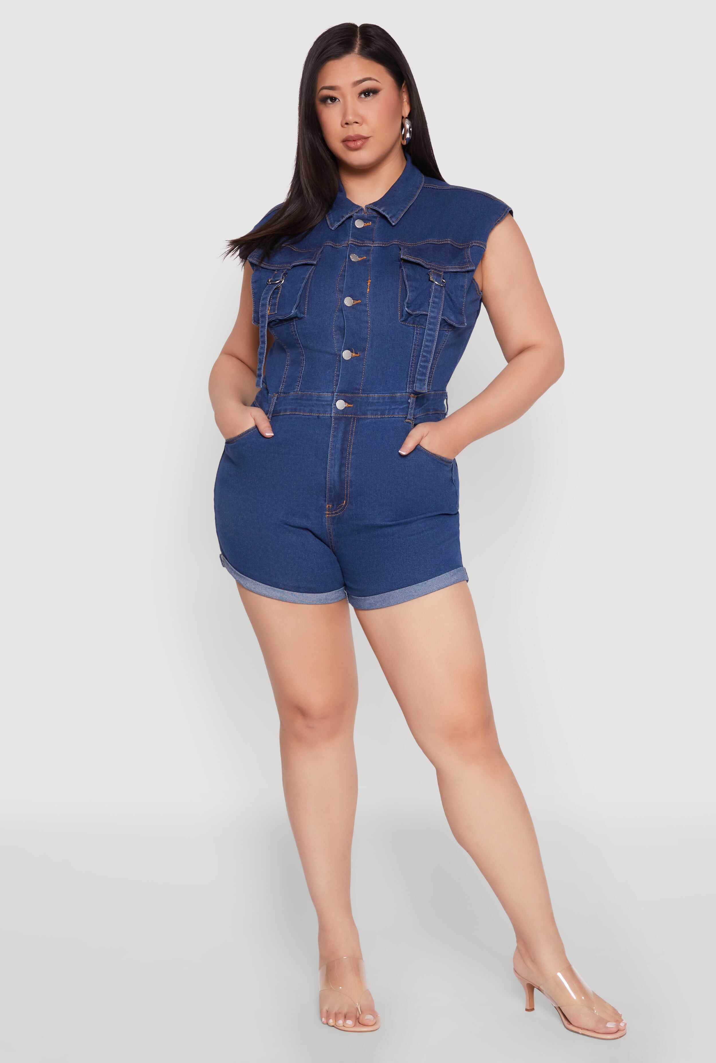Plus Size Daisy Cargo Pocket Denim Romper