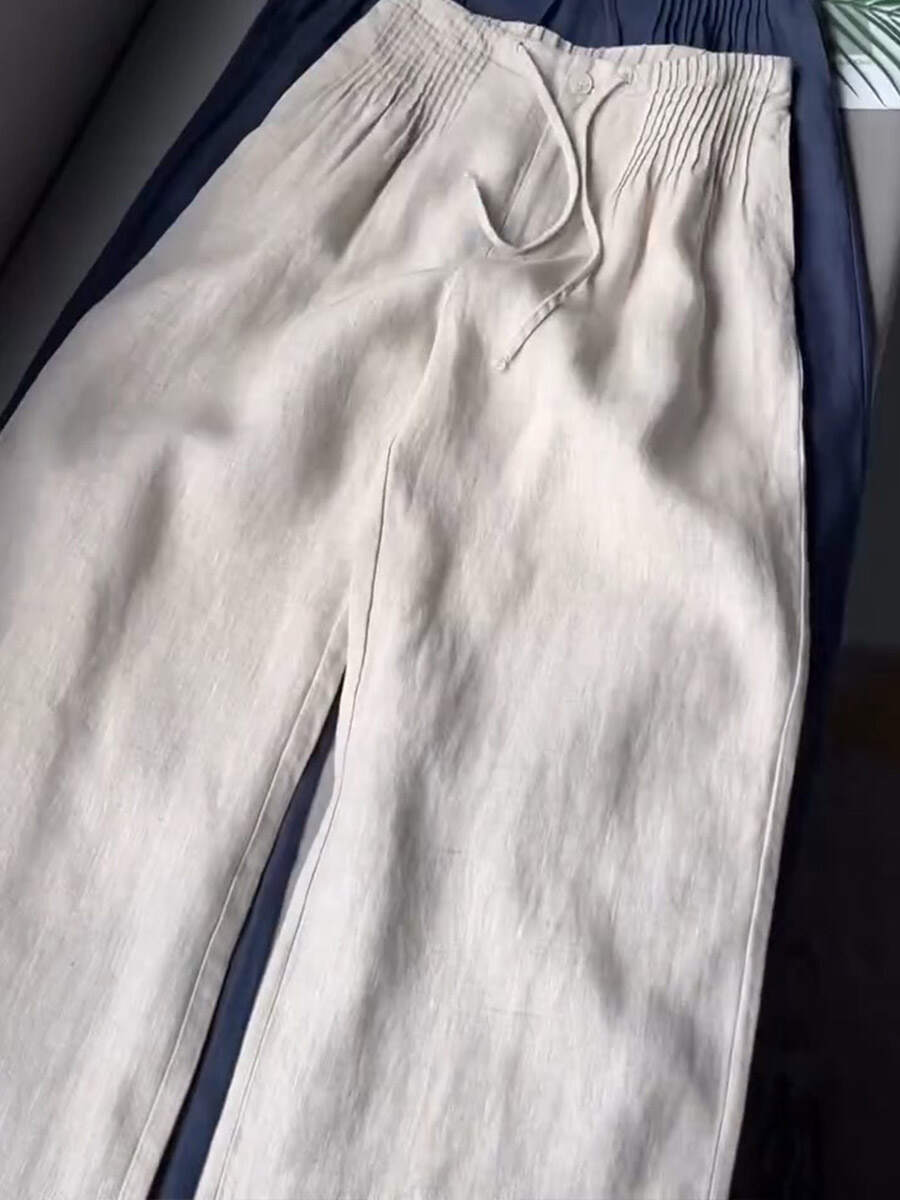 🔥Summer Arrivals🌟Women's Solid Color Pleated Drawstring Casual Cotton and Linen Wide Leg Pants