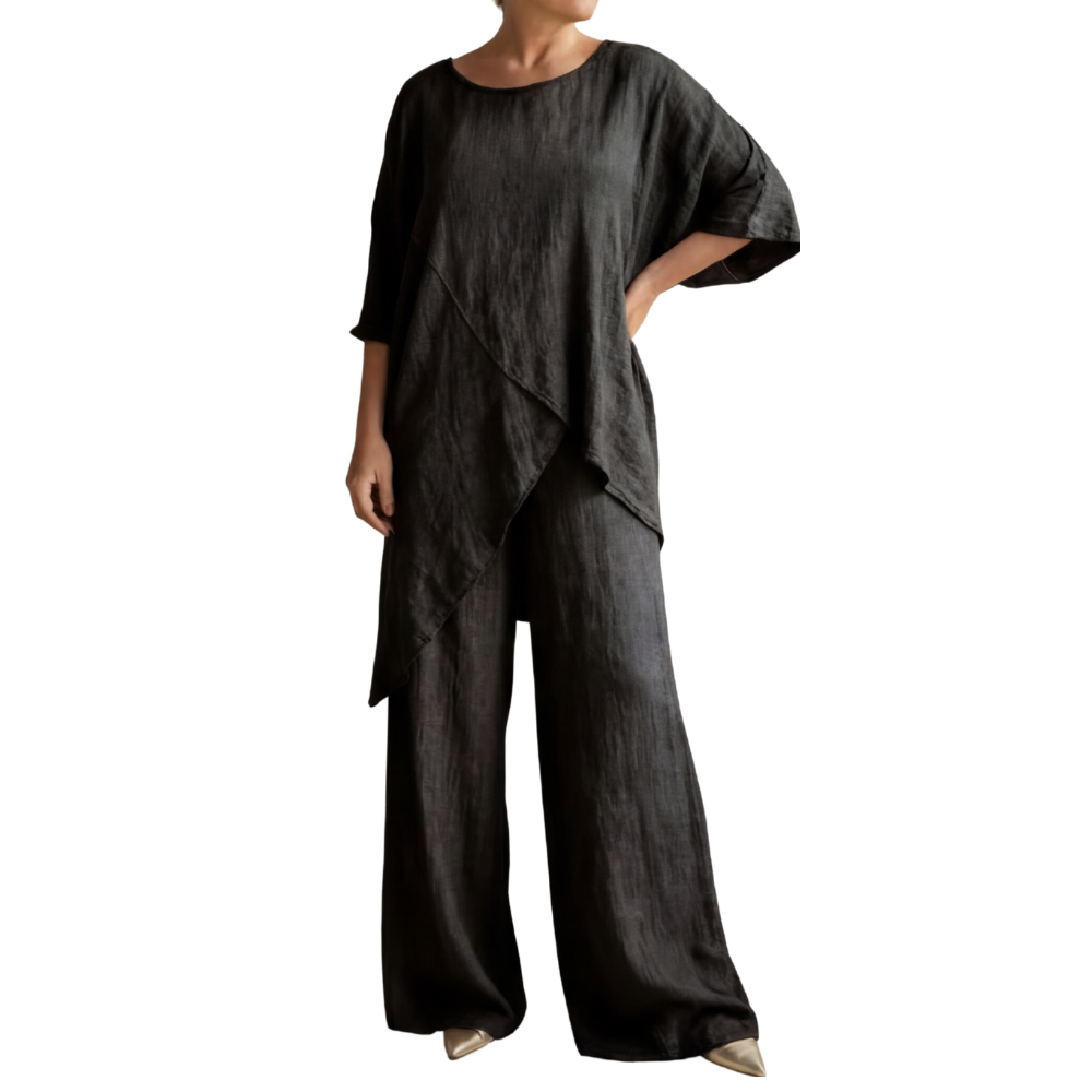 Women's Linen-Blend 2-Piece Outfit, Asymmetrical Layered Tunic Top + Wide Leg Pants