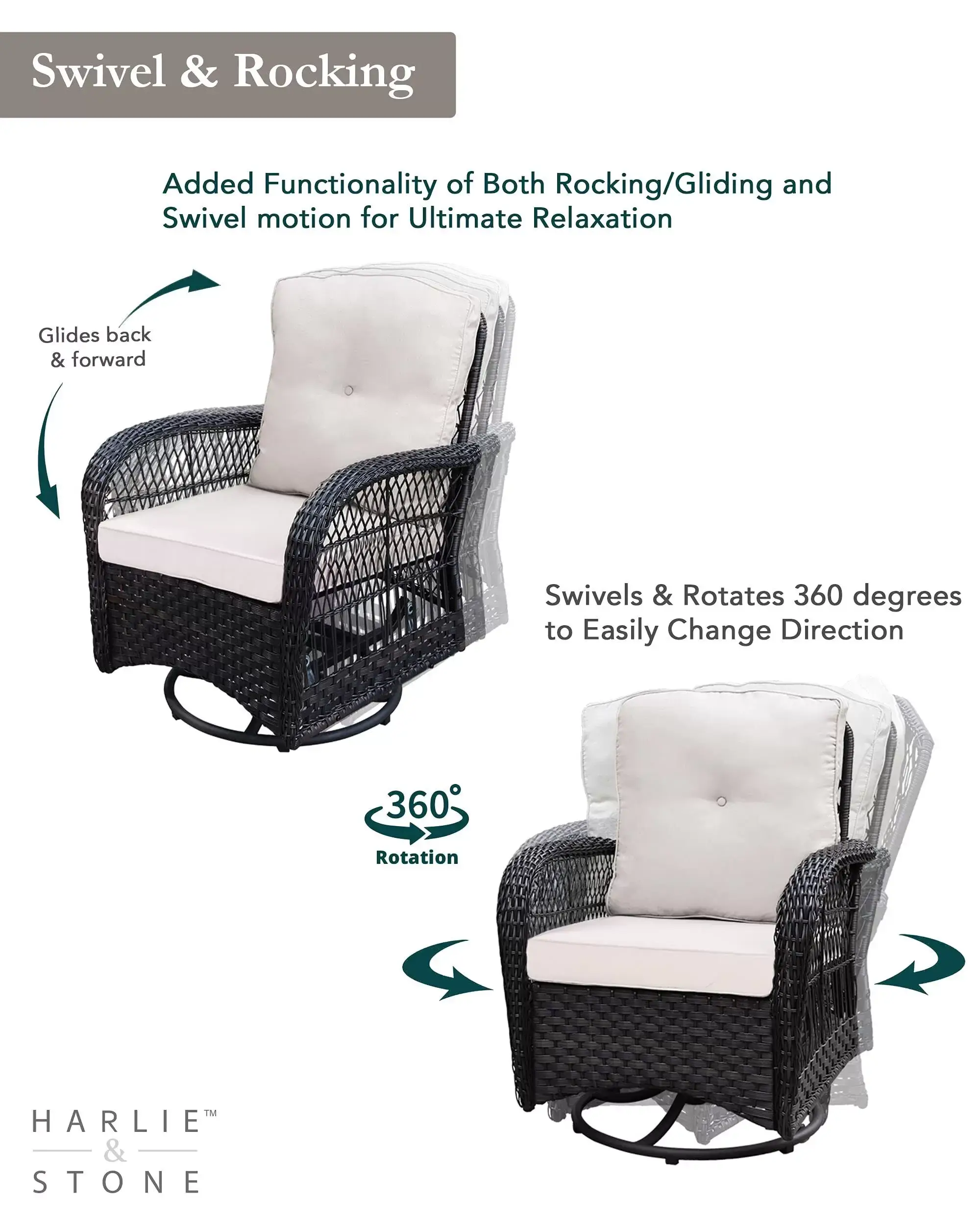 Outdoor Swivel Rocker Patio Chairs Set of 2 and Matching Side Table - 3 Piece Wicker Patio Bistro Set with Premium Fabric Cushions Outdoor Furniture (Dark Wicker Chair Beige Cushion)