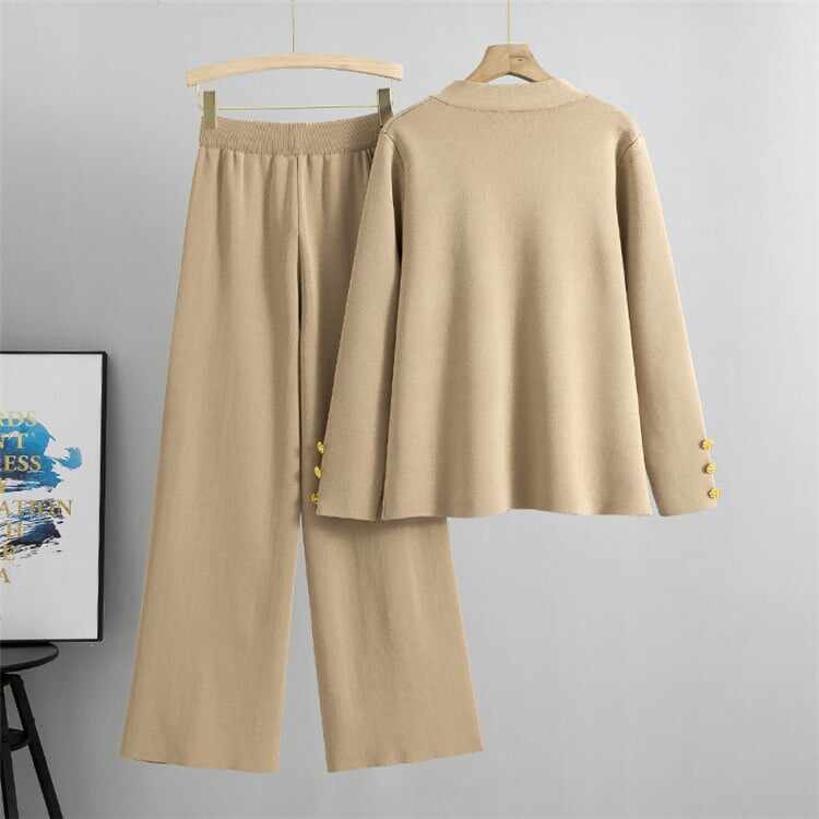 Fashion Metal Button Knit Wool Sweater Wide Leg Pants Set