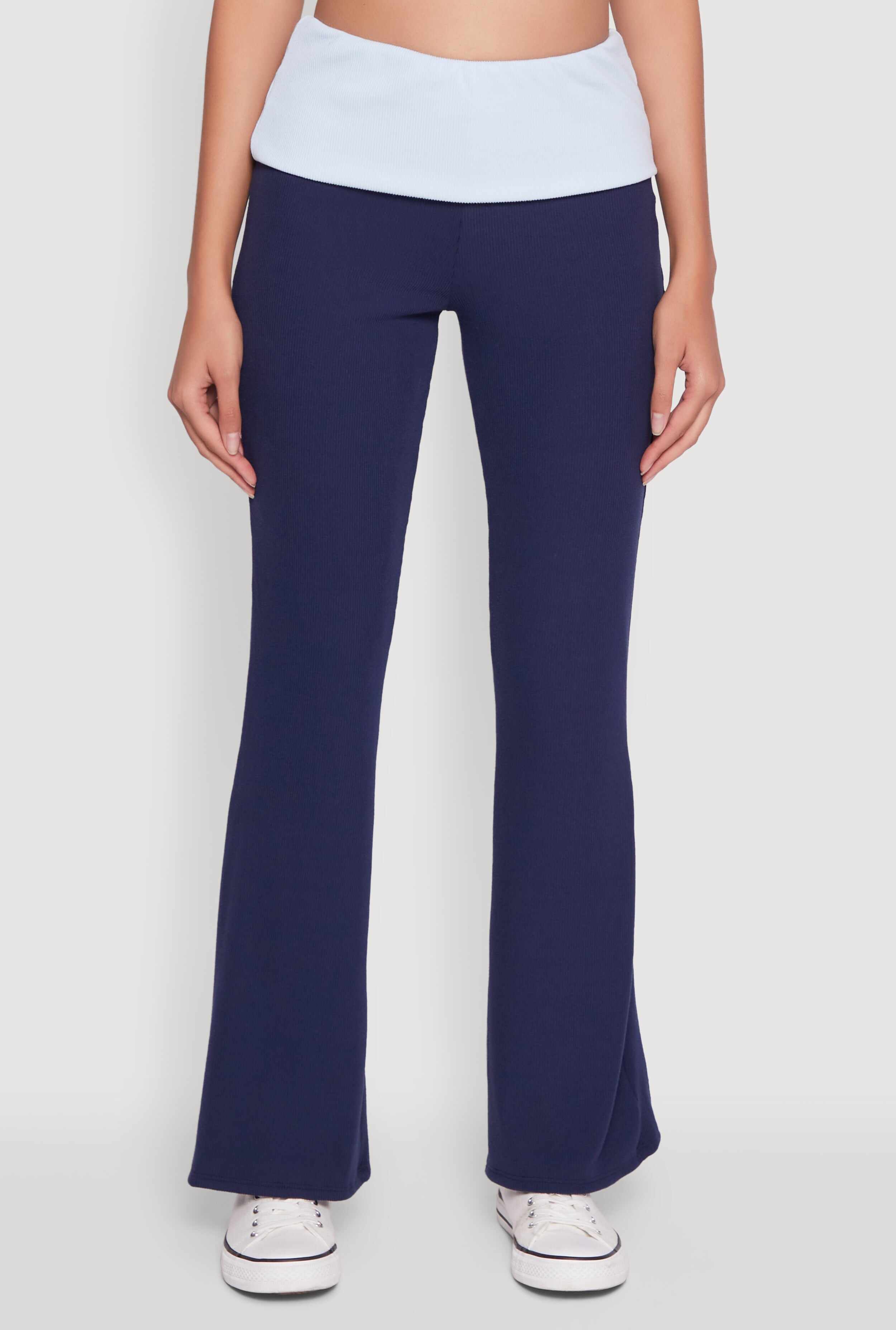 Stylish Rib Knit Contrast Fold Over Bootcut Pants