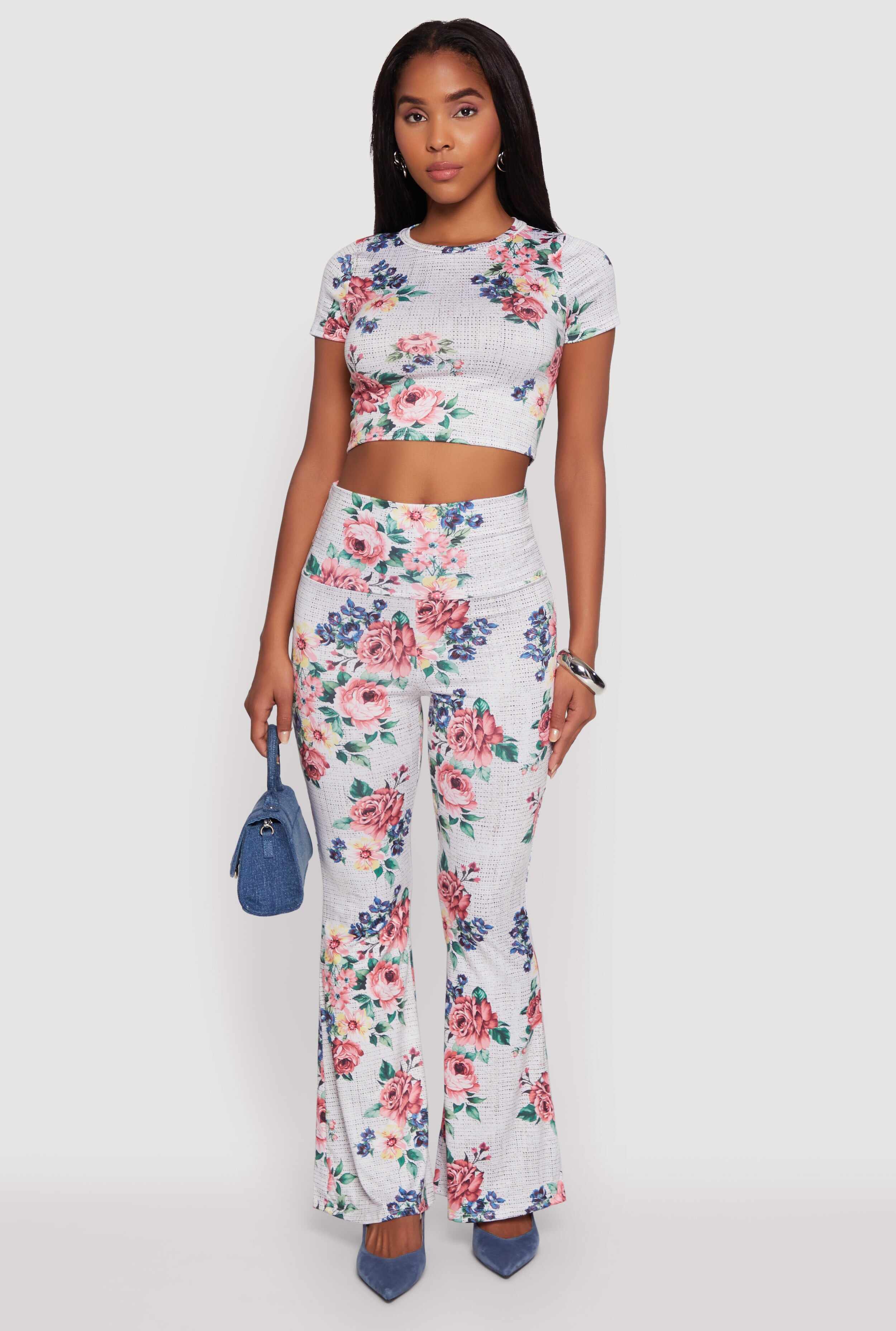 Floral Print High Waisted Flare-Leg Pants