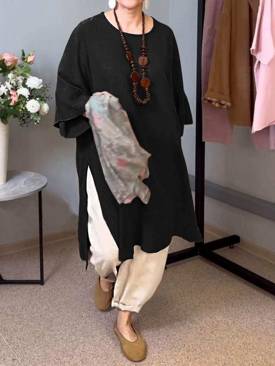 🔥Summer Arrivals🌟Women's Solid Color Round Neck 3/4 Sleeves Casual Linen Slit Long Top