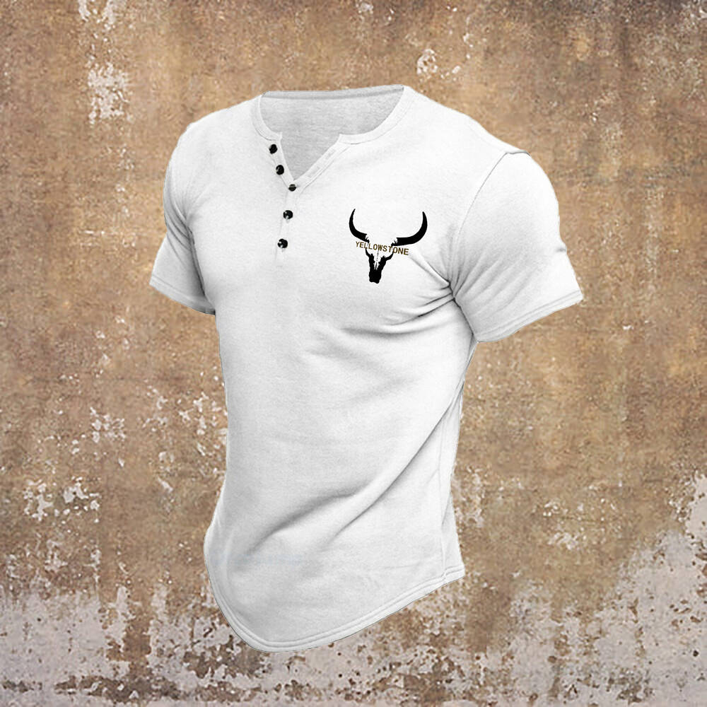 Casual White Bull Head Print Henley Collar T-Shirt